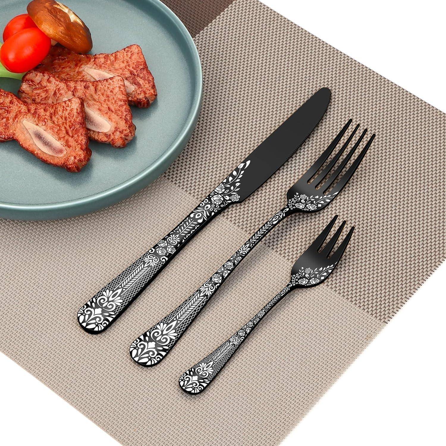 Besteck Edelstahl Schwarz 6 Steakmesser Gabel 36-Teiliges Schwarz