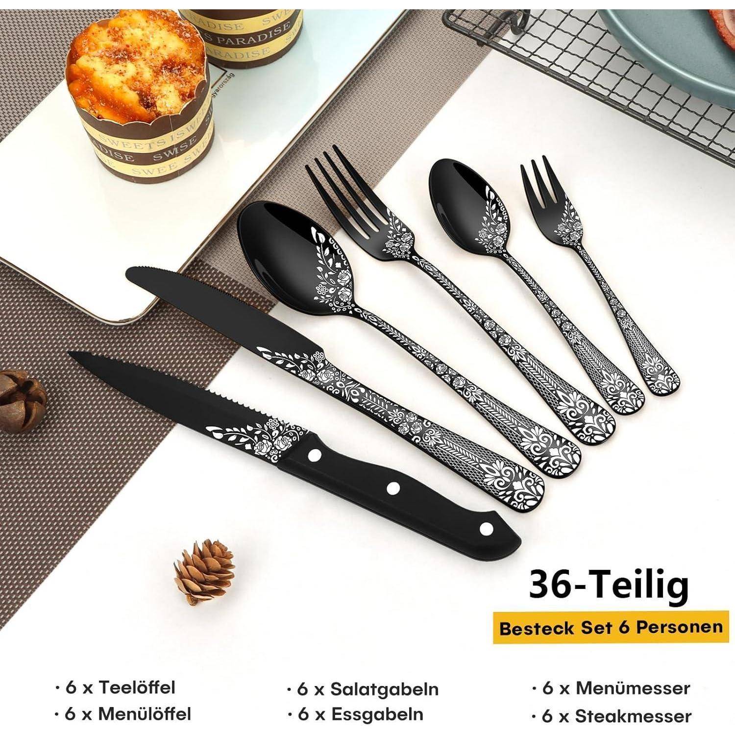 Besteck Edelstahl Schwarz 6 Steakmesser Gabel 36-Teiliges Schwarz