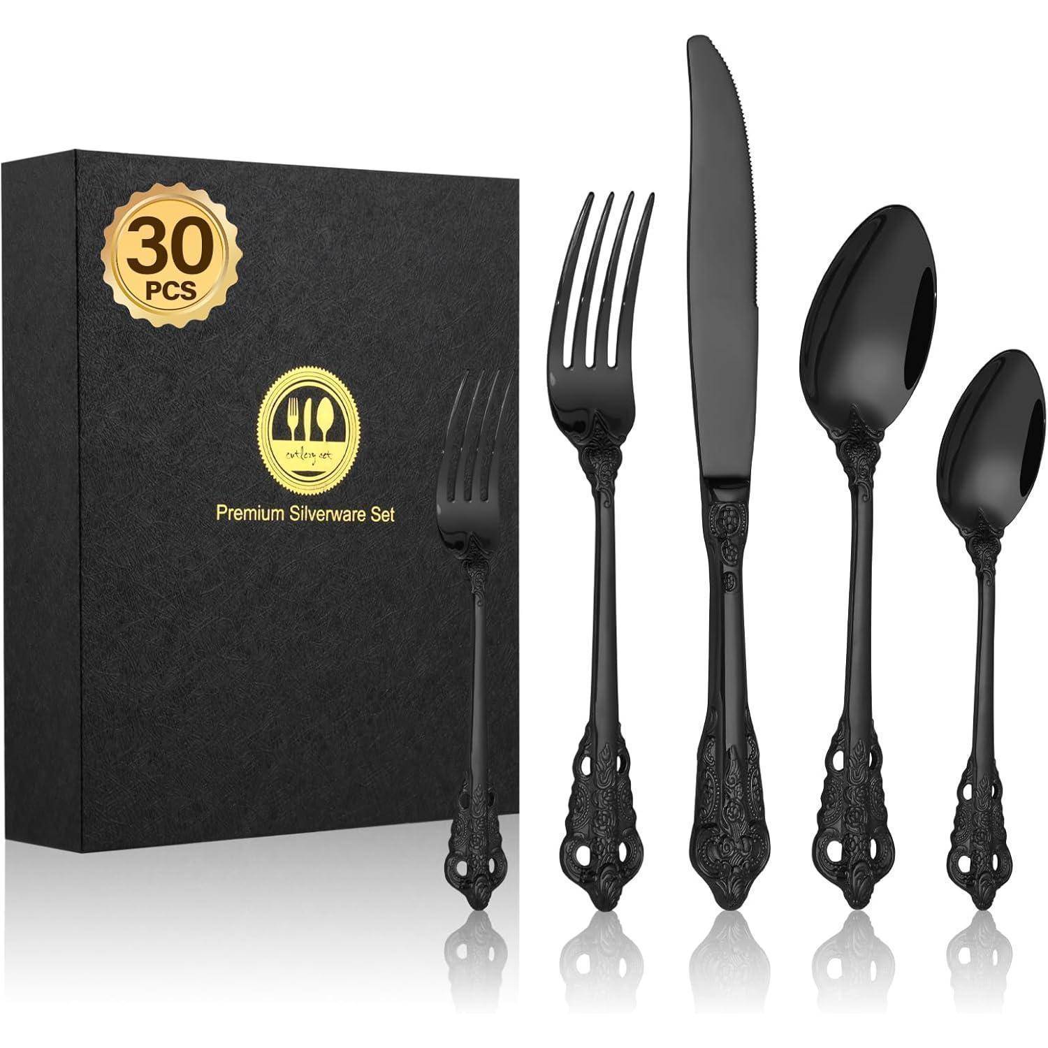 Ein schwarzes Premium-Silberbesteck-Set mit 30 Teilen umfasst Messer, Gabeln, Esslöffel und Teelöffel. Die Box ist mit 'Premium Silberbesteck-Set' beschriftet.