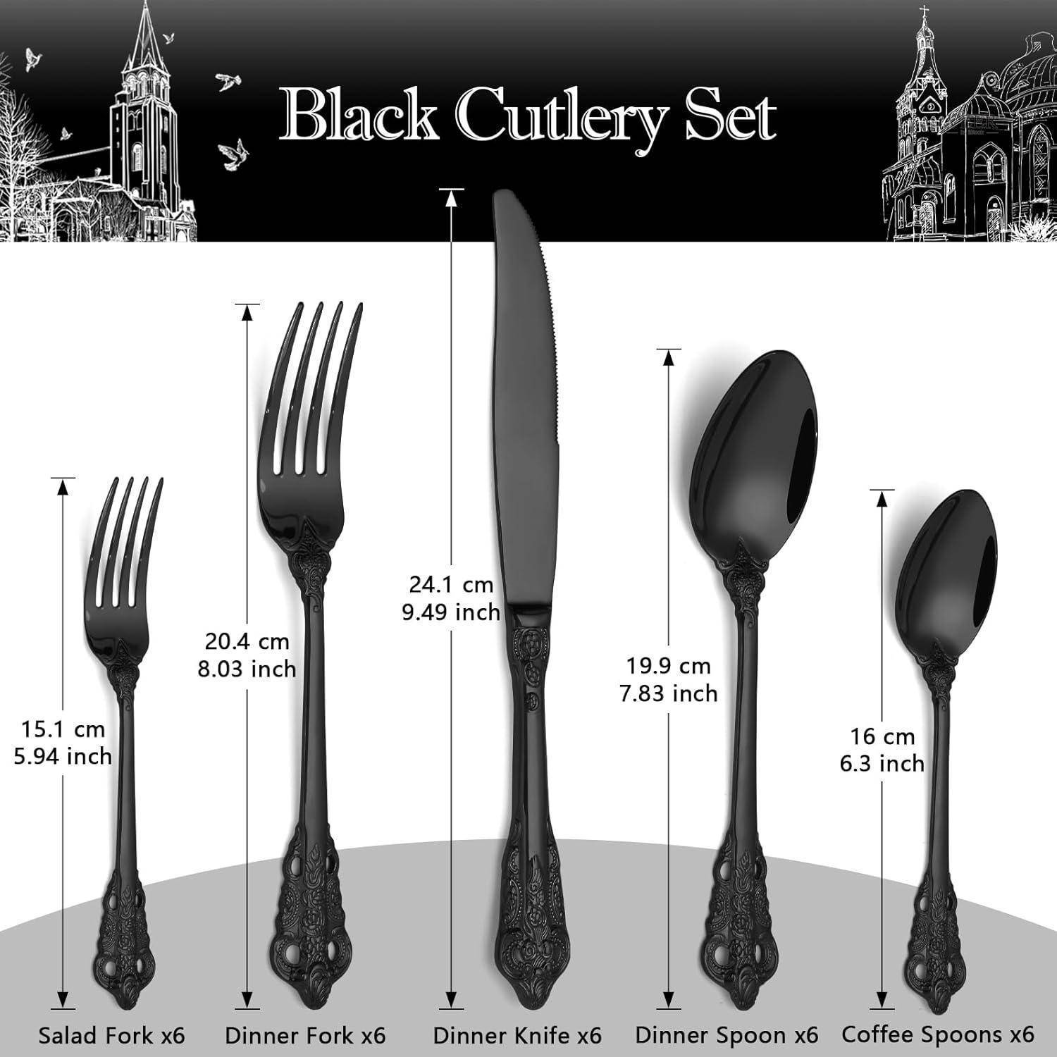 Schwarzes Besteck-Set mit Maßangaben: Salatgabel 15,1 cm, Menügabel 20,4 cm, Messer 24,1 cm, Löffel 19,9 cm, Kaffeeelöffel 16 cm.