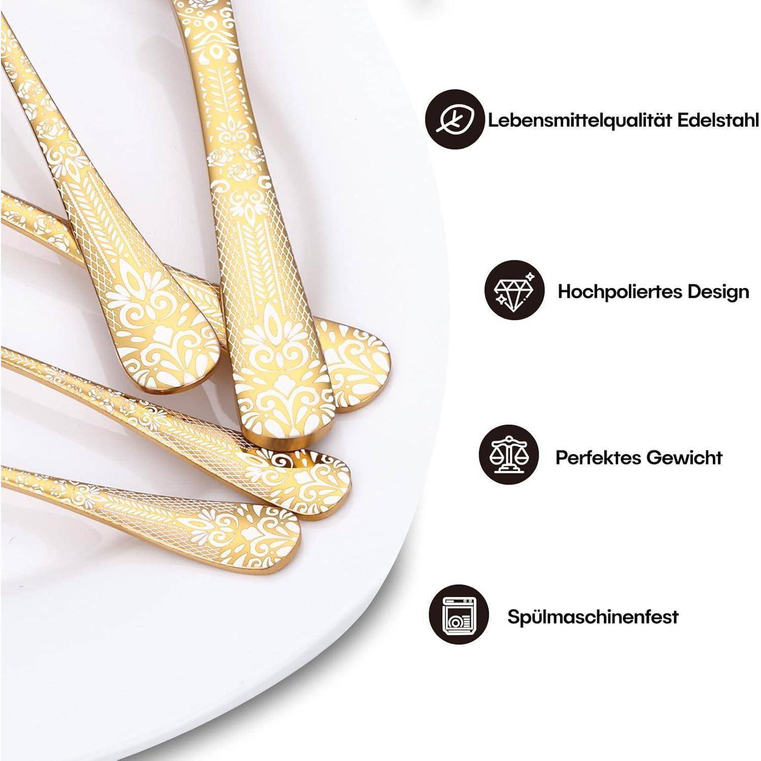 Vier verzierte goldene Löffel auf einer weißen Oberfläche. Deutsche Texthervorhebungen: ‚Lebensmittelechter Edelstahl', ‚Poliertes Design', ‚Perfektes Gewicht', ‚Spülmaschinenfest