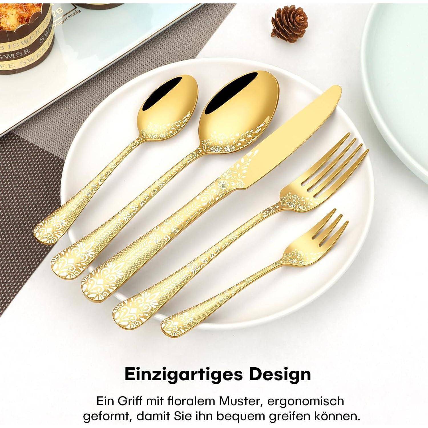 Ein einzigartiges Design präsentiert Besteck in Goldtönen mit Blumenmuster auf einem Teller, wobei ergonomische Formen für komfortables Handling hervorgehoben werden.