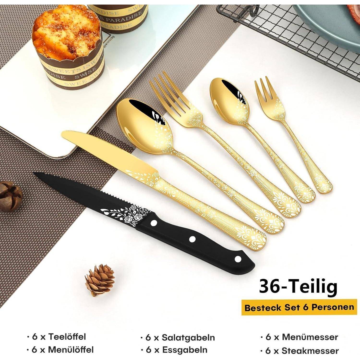Besteckset 36teilig Edelstahl Gold 6 Personen 36-Teiliges Golden