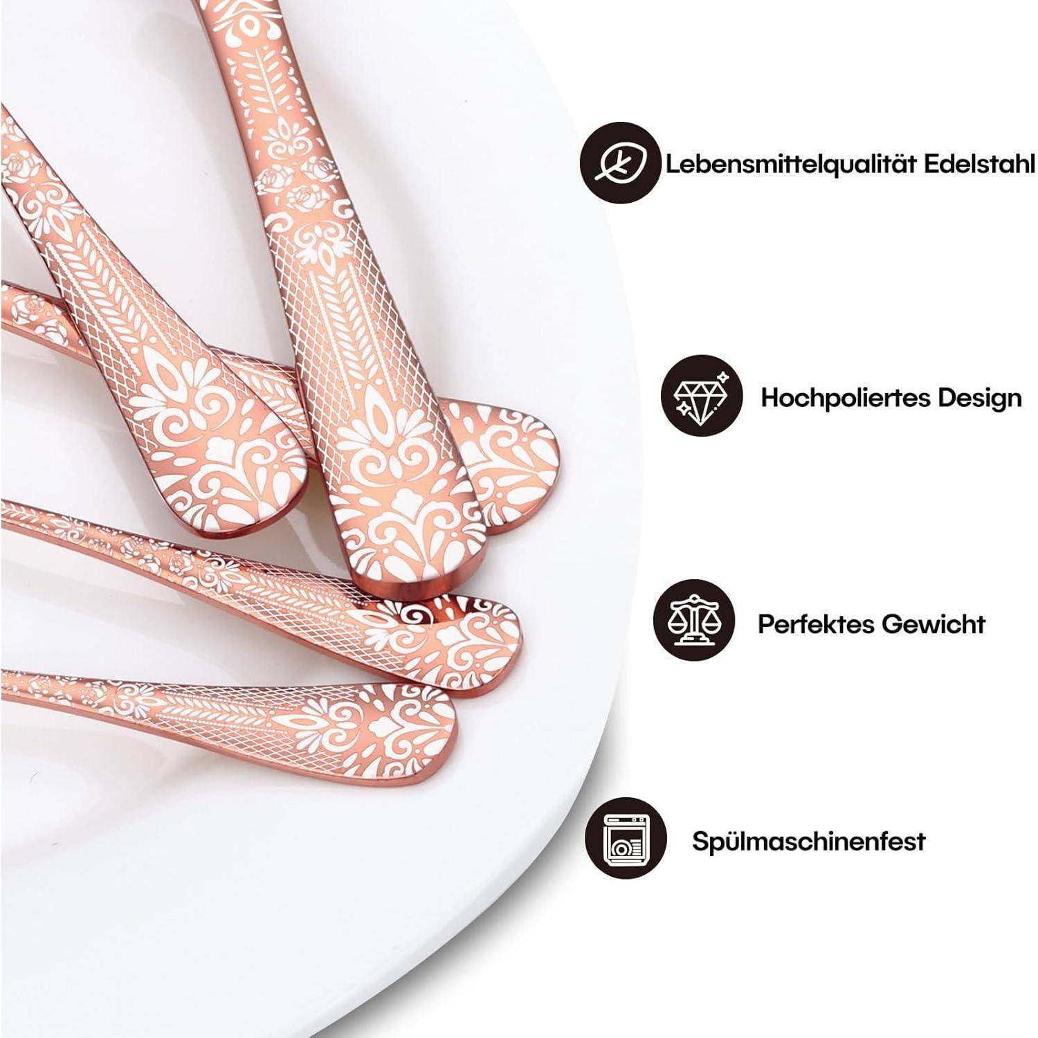 Dekorative Besteck mit Blumenmuster auf einem Teller mit vier aufgeführten Merkmalen: 'Lebensmittelqualität Edelstahl,' 'Hochpoliertes Design,' 'Perfektes Gewicht,' 'Spülmaschinenfest.