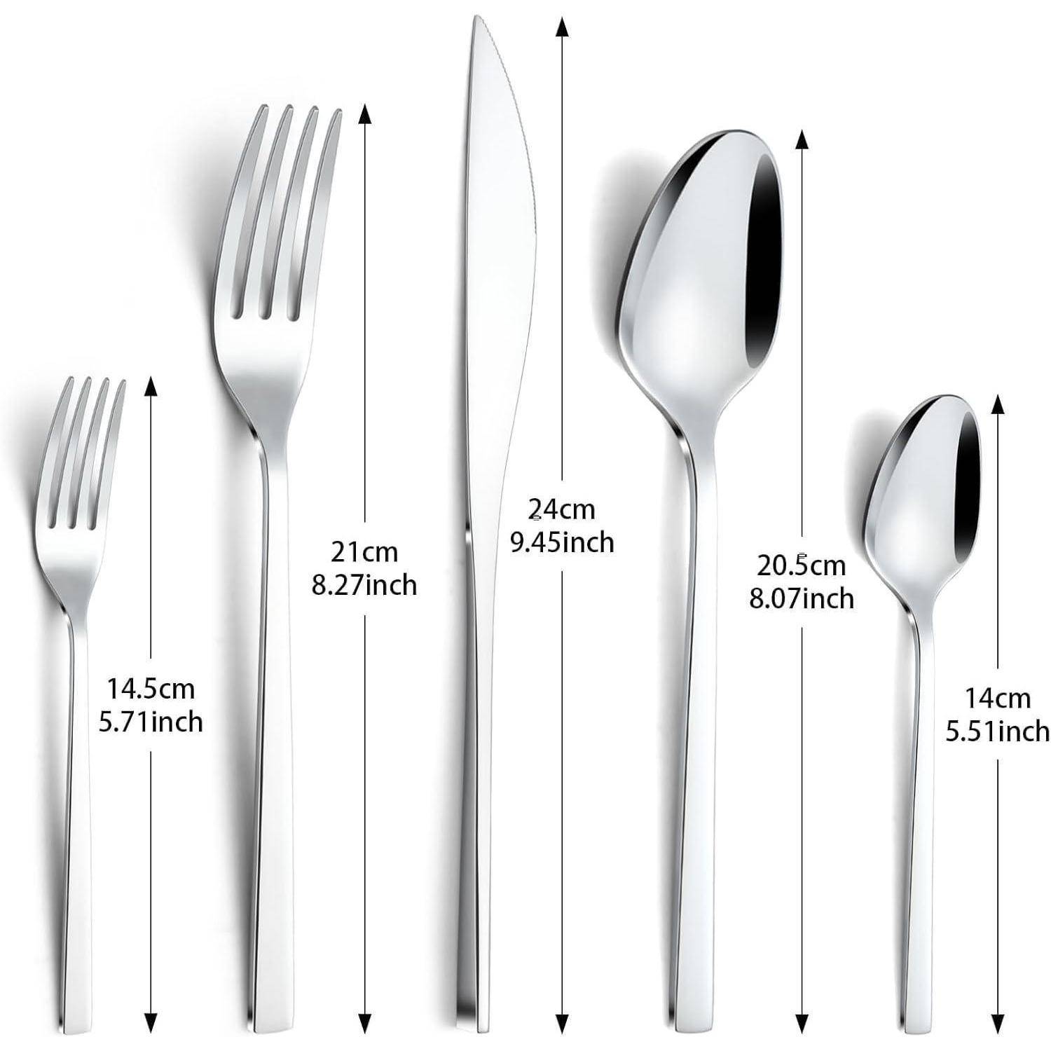 Ein Satz von fünf Silberbesteck-Utensilien mit Maßangaben: Gabel 14,5 cm, Gabel 21 cm, Messer 24 cm, Löffel 20,5 cm, Löffel 14 cm, dargestellt mit Pfeilen.