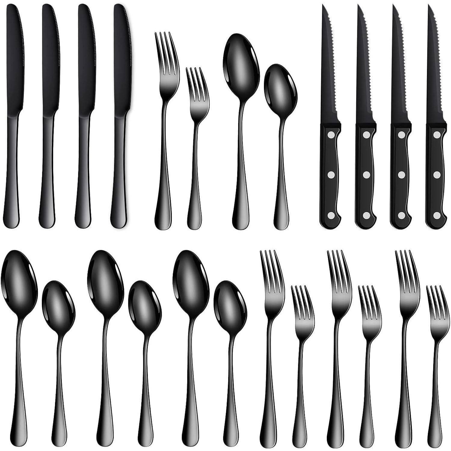 Besteck 24tlg 4 Personen Edelstahl Steakmesser Gabel Löffel Schwarz
