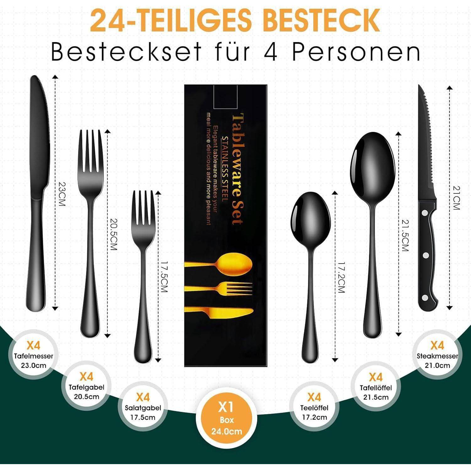 Besteck 24tlg 4 Personen Edelstahl Steakmesser Gabel Löffel Schwarz