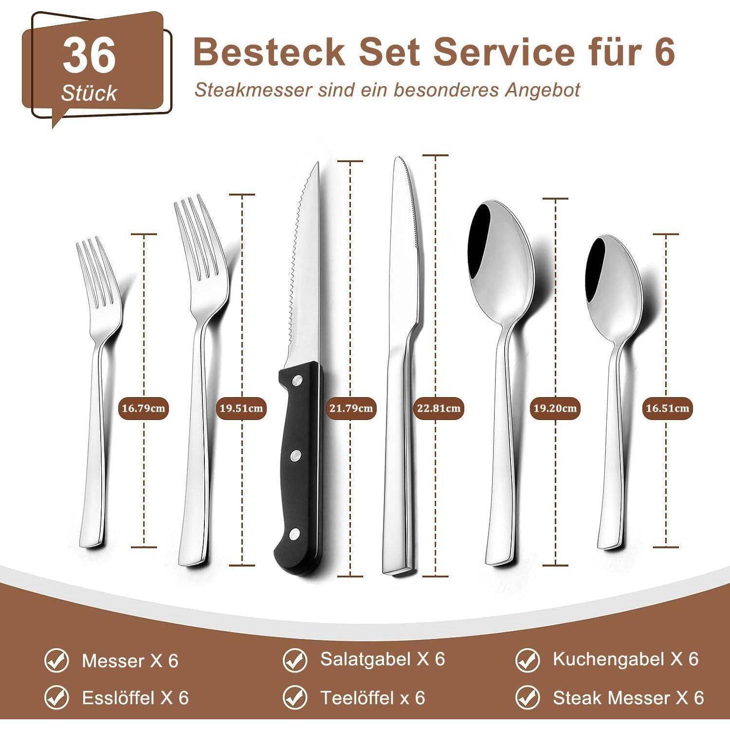 Besteckset Edelstahl 36tlg Steakmesser quadratische Kanten