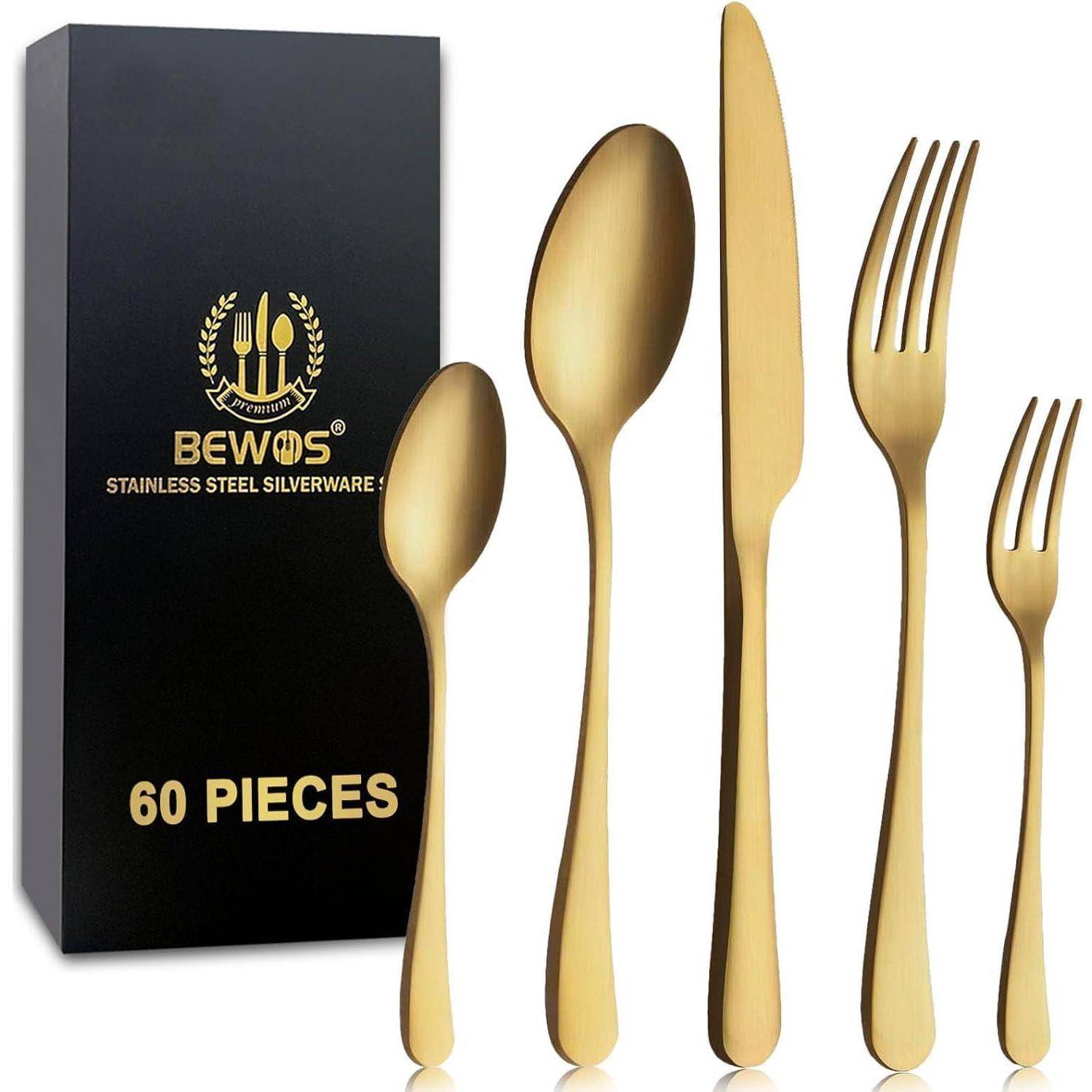 Goldenes Besteck-Set mit Messer, Gabel, Löffel und einer Box mit der Aufschrift '60-teiliges Bewos Edelstahl-Besteck'.