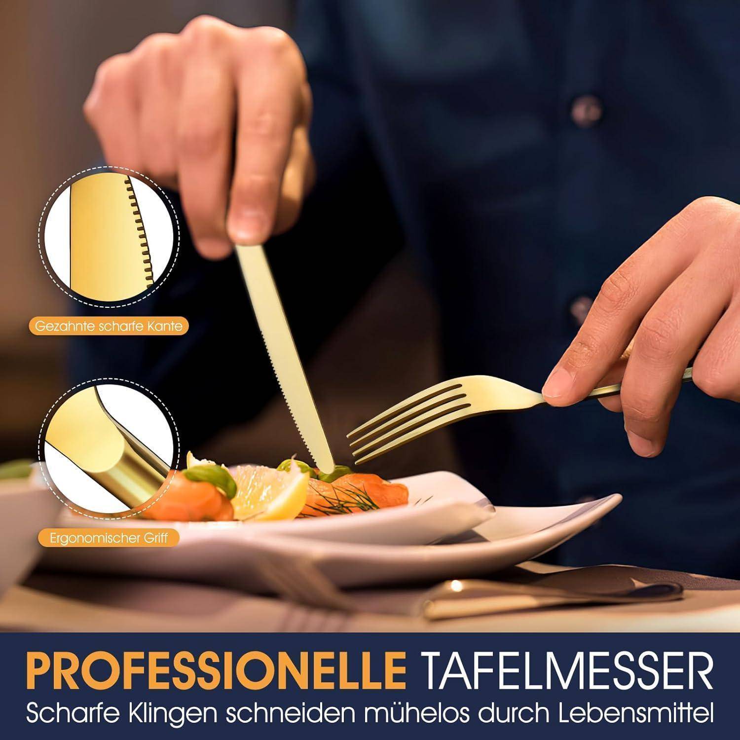 Eine Person hält eine goldene Gabel mit gezackter Kante und schneidet Lachs auf einem Teller. Einblendung zeigt 'Gezackte Schneide' und 'Ergonomischer Griff.' Text lautet 'Professionelle Tafelmesser.