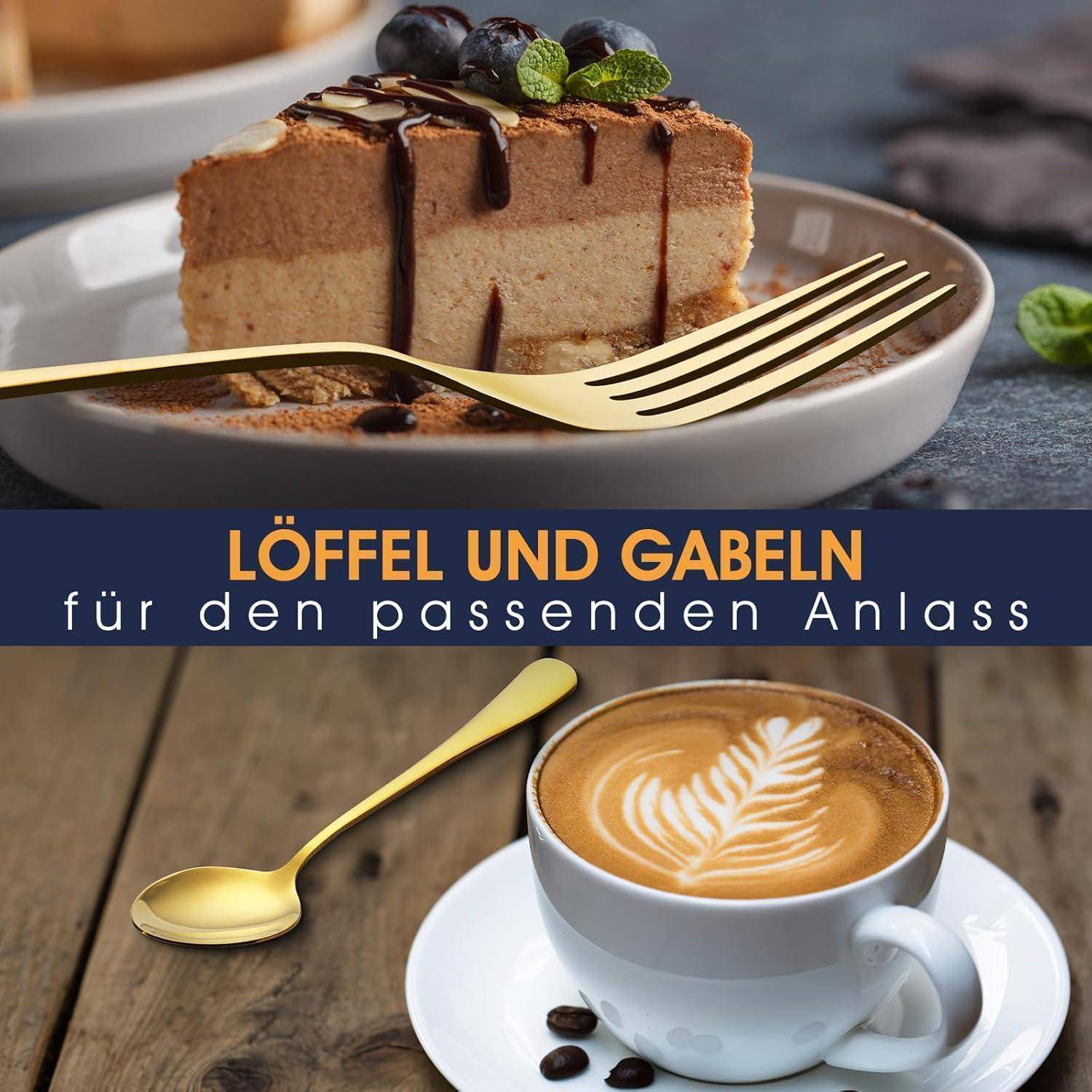 Käsekuchen mit einer Gabel daneben, ein Cappuccino und ein Löffel, garniert mit Beeren und Minze. Text auf Deutsch: 'Löffel und Gabel für den richtigen Moment'.