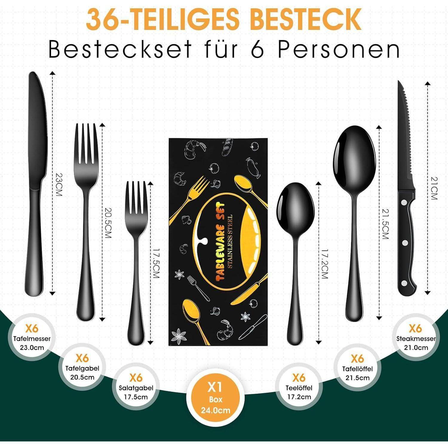 Besteckset Edelstahl 36teilig Steakmesser Gabel 6 Personen Schwarz