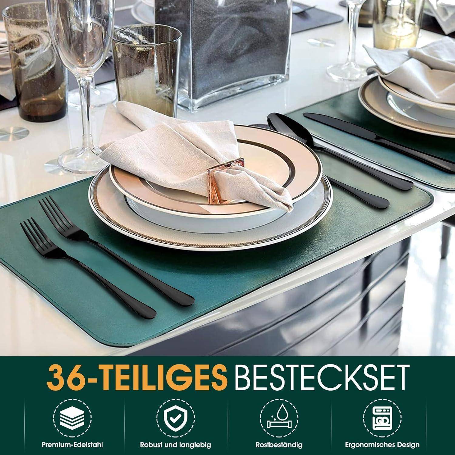 Besteckset Edelstahl 36teilig Steakmesser Gabel 6 Personen Schwarz