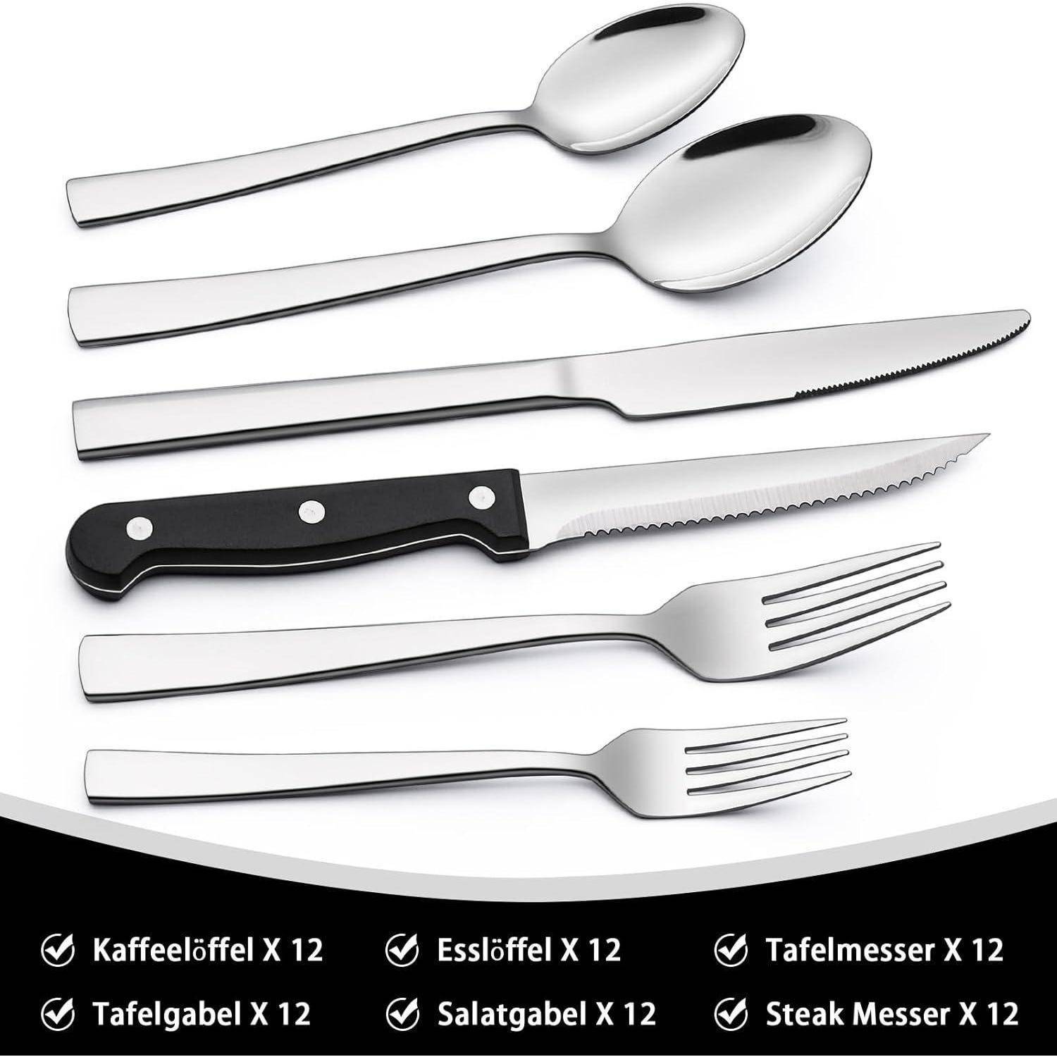 Besteck Set 72teilig Edelstahl Steakmesser quadratische Kanten