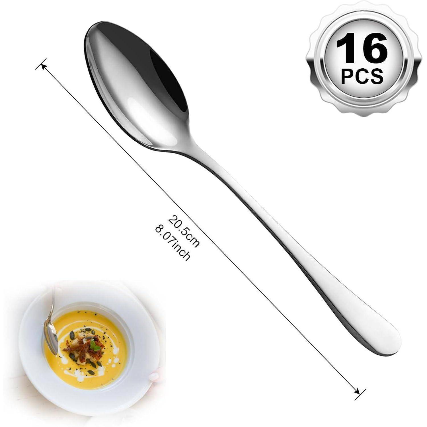 Silberner Löffel mit 20,5 cm (8,07 Zoll) wird mit Suppe präsentiert. Abzeichen zeigt '16 PCS'.