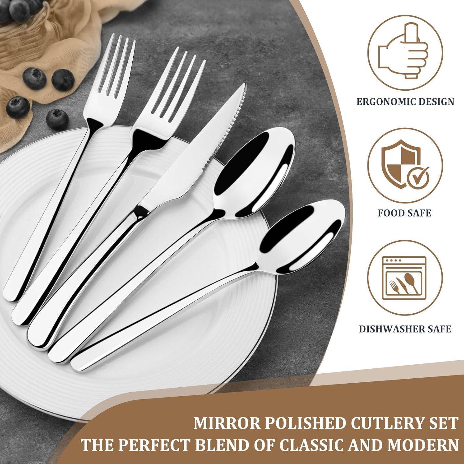 Spiegelpoliertes Besteck-Set auf einem weißen Teller; umfasst Gabeln, Messer, Löffel. Eigenschaften: ergonomisches Design, lebensmittelecht, spülmaschinenfest.