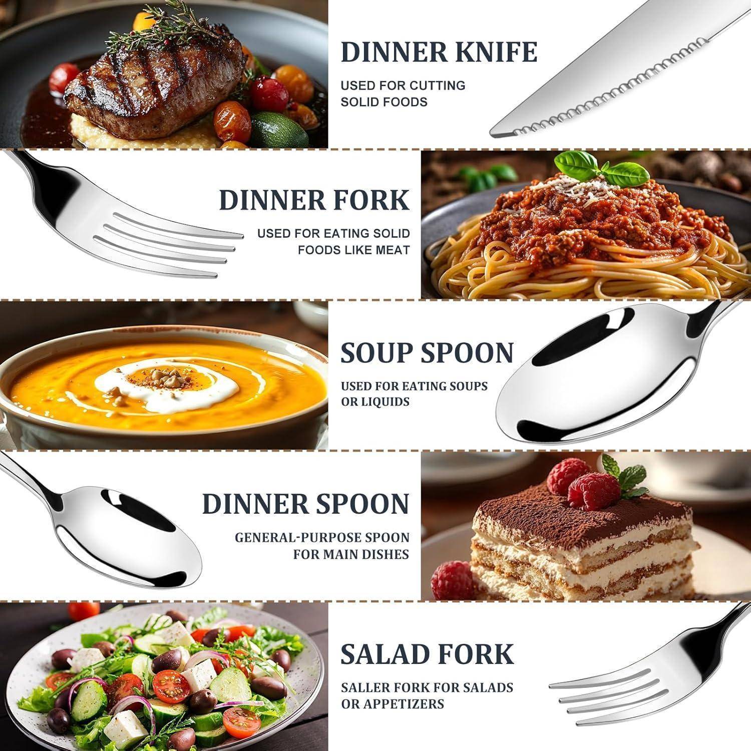 Abendmesser zum Schneiden fester Speisen; Abendgabel für feste Speisen wie Fleisch; Suppenlöffel für Suppen oder Flüssigkeiten; Abendlöffel für Hauptgerichte; Salatgabel für Salate oder Vorspeisen.