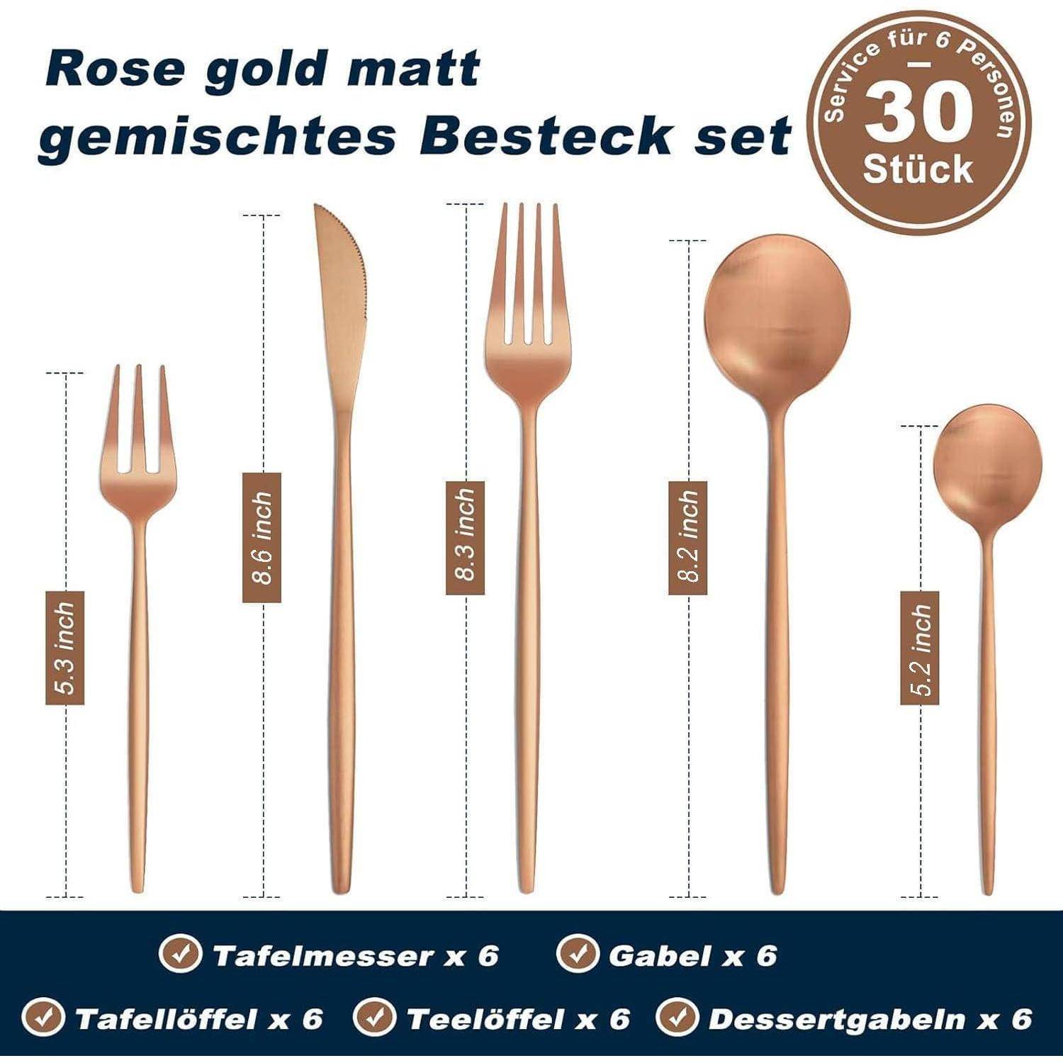 Roségoldenes Besteck-Set für sechs Personen, bestehend aus Gabeln, Messern, Esslöffeln und Dessertlöffeln, mit Angabe der jeweiligen Längen.