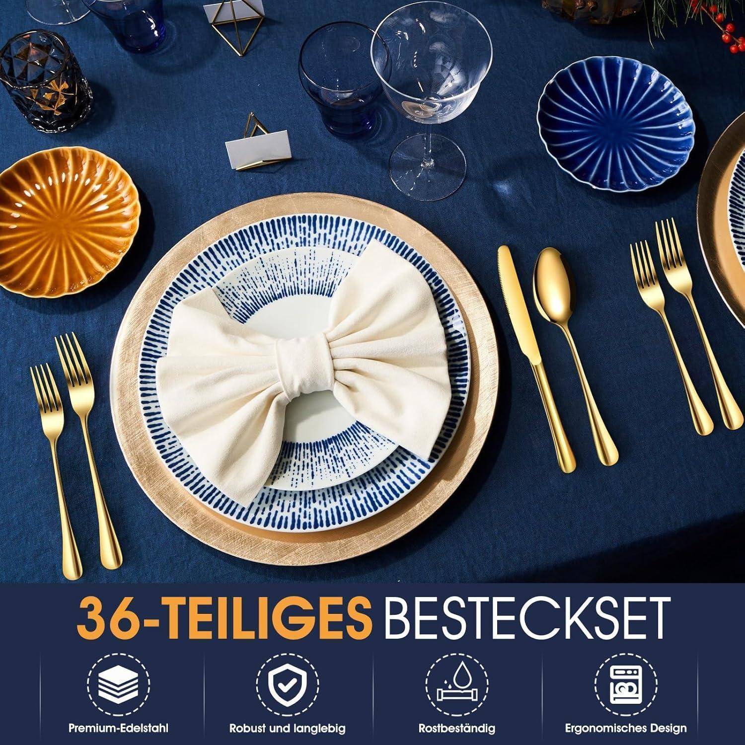 36-teiliges Besteckset: Ein Tischgedeck mit blau, gold und weißem Farbschema; umfasst Teller mit einer Schleifenverzierung und goldenes Besteck.