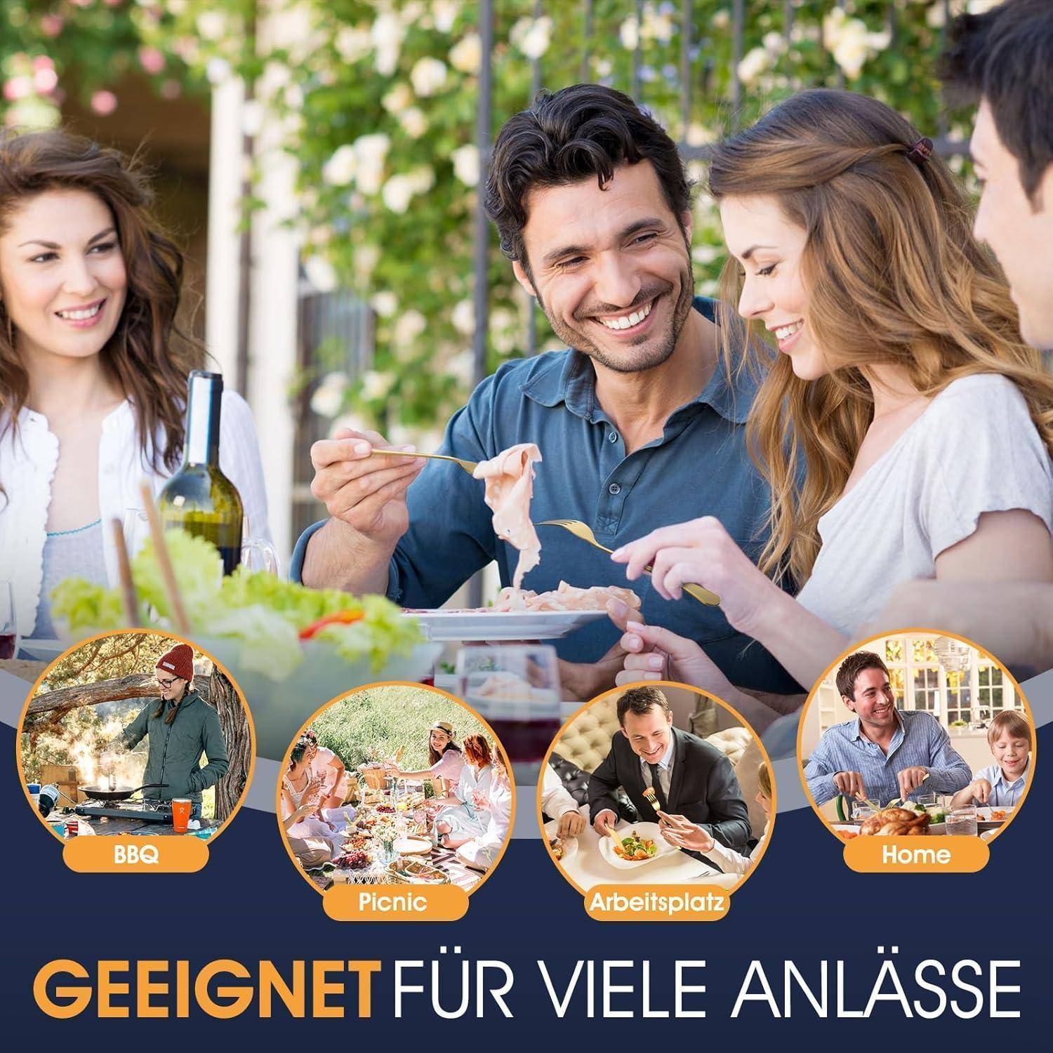 Eine Gruppe von Menschen lächelt und genießt eine Mahlzeit im Freien. Darunter zeigen kleine Bilder verschiedene Szenarien: Grillparty, Picknick, Arbeitsplatz und Zuhause, beschriftet mit 'Geeignet für viele Anlässe'.