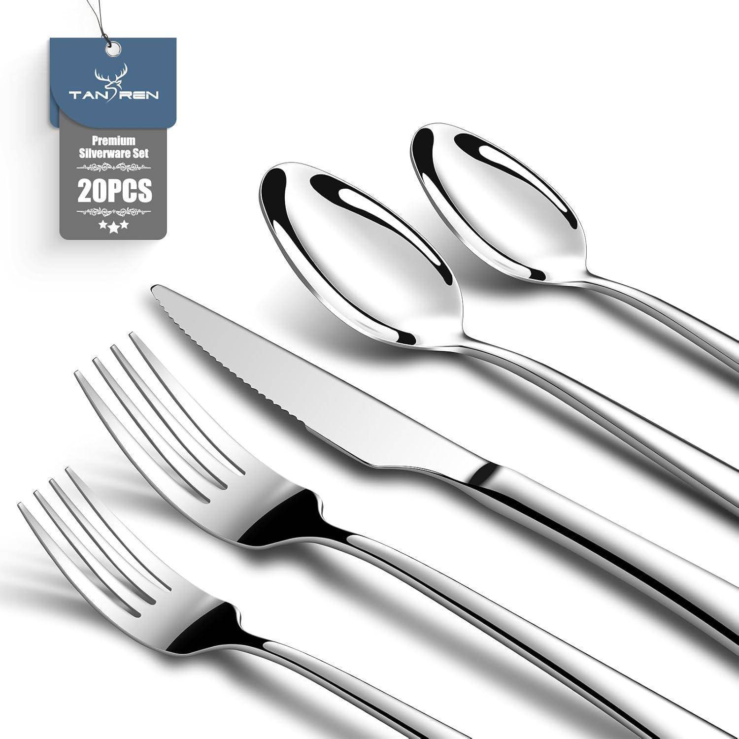 Ein Set glänzender Bestecke mit Gabeln, Löffeln und einem Messer, angeordnet auf weißem Hintergrund, beschriftet mit 'TANREN Premium Silverware Set 20PCS'.