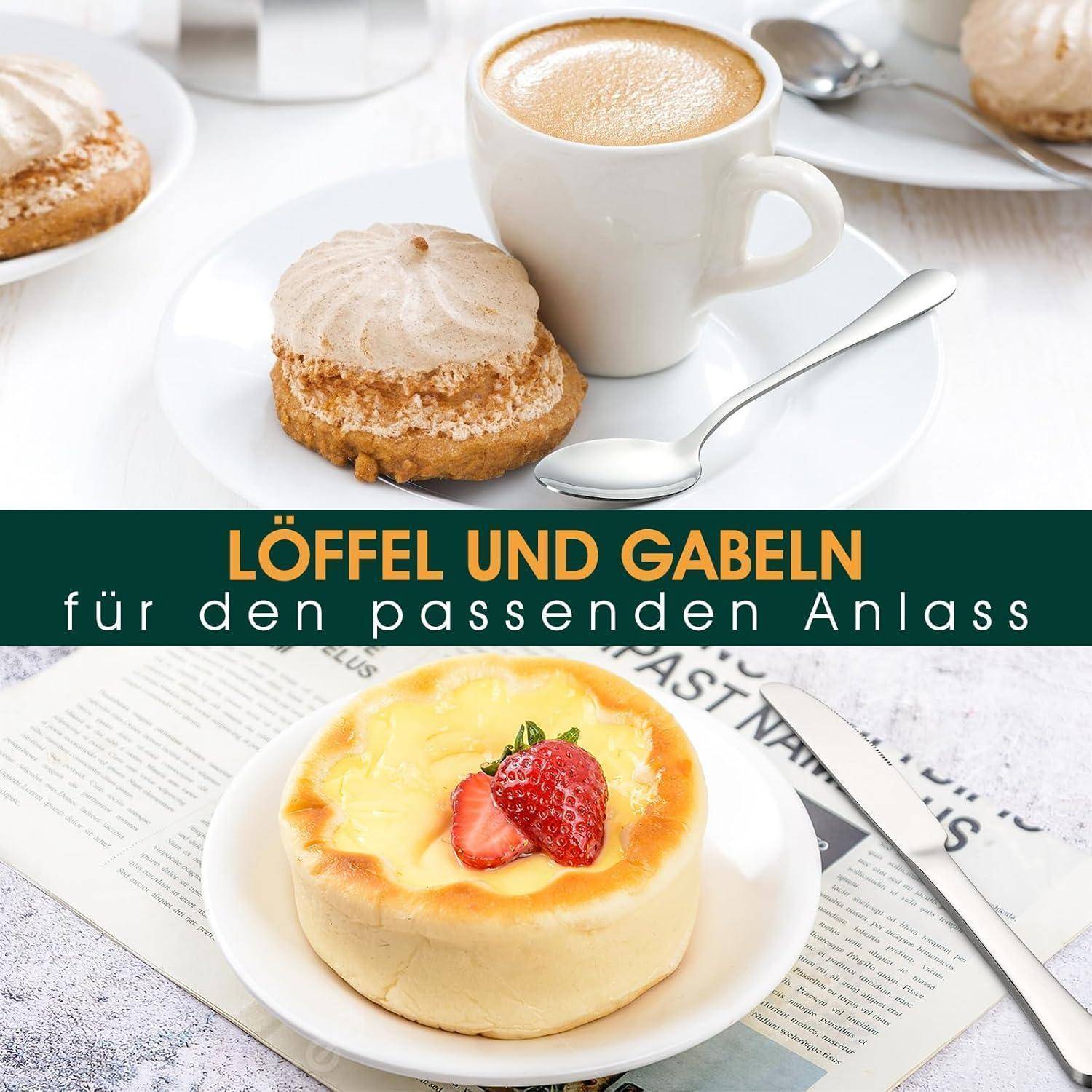Kaffee mit Gebäck und Käsekuchen mit Erdbeeren auf einer Zeitung auf dem Tisch, daneben der Text: 'LÖFFEL UND GABELN für den passenden Anlass'.