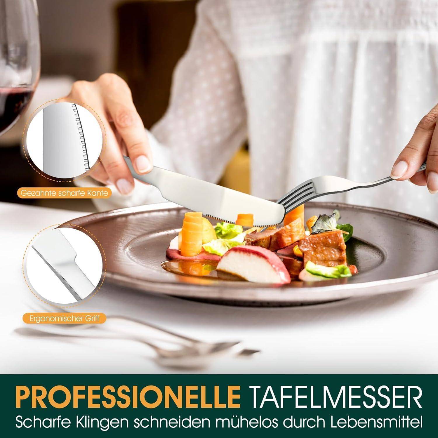 Eine Person verwendet ein Tischmesser, um Essen auf einem Teller zu schneiden, wobei die Sägekantenklinge und der ergonomische Griff zu sehen sind. Text lautet: 'Professionelle Tafelmesser'.