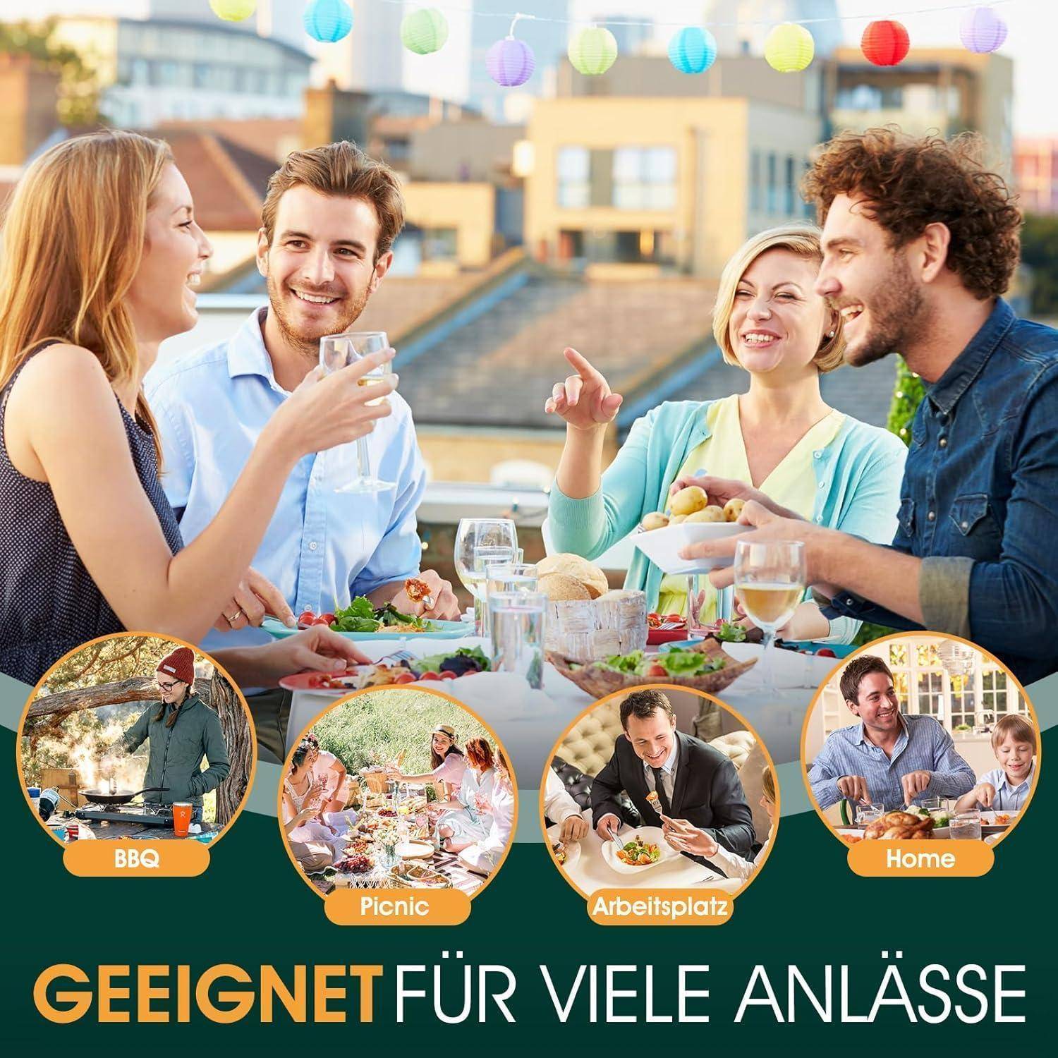 Eine Gruppe von Menschen, die auf einer Dachterrasse lächeln und anstoßen, mit kleinen Bildern darunter, die Szenen zeigen: Grillen, Picknick, Arbeitsplatz, Zuhause. Text lautet: 'GEEIGNET FÜR VIELE ANLÄSSE'.