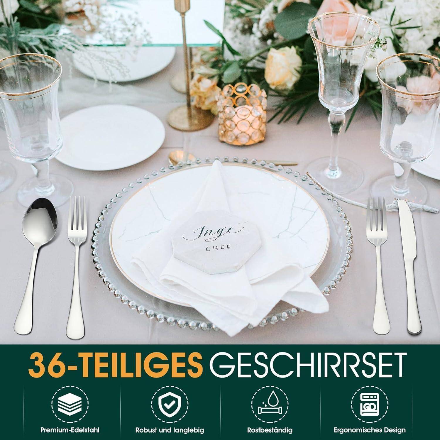 Ein 36-teiliges Geschirrset inklusive Besteck aus Edelstahl, robust und langlebig, rostfrei, mit ergonomischem Design.