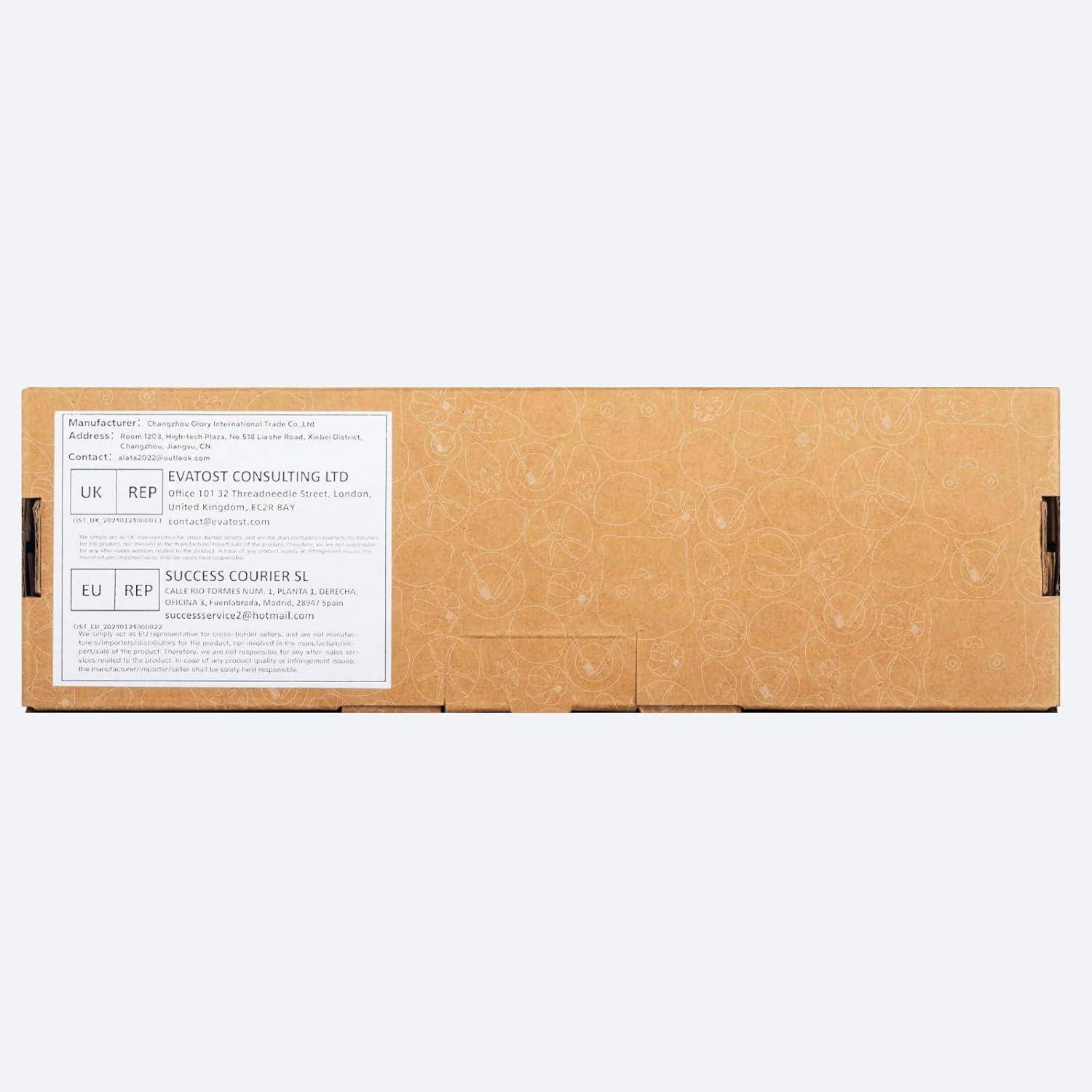 Das Bild zeigt ein Kartonpaket mit Etiketten, die die UK- und EU-Vertreter angeben: 'EVATOST CONSULTING LTD' und 'SUCCESS COURIER SL'.
