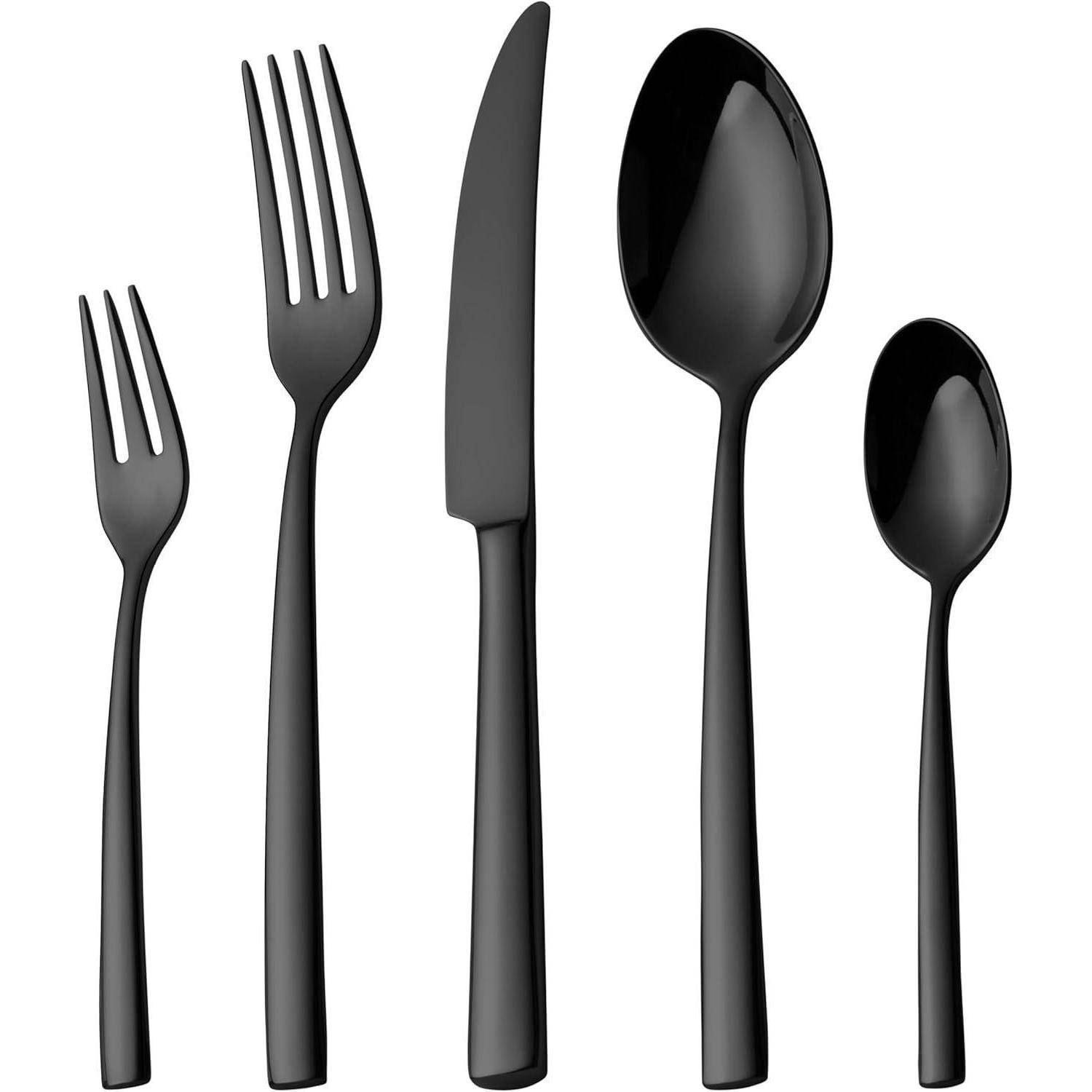 Ein Set schwarzer Bestecke, bestehend aus einer Gabel, einer Menügabel, einem Messer, einem Suppenlöffel und einem Teelöffel, seitlich nebeneinander angeordnet.