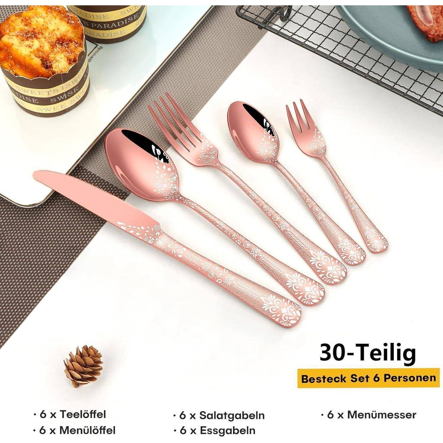 Ein 30-teiliges Besteckset für 6 Personen, bestehend aus 6 Teelöffeln, 6 Suppenlöffeln, 6 Salatgabeln, 6 Essteller-Gabeln und 6 Messern mit Blumendesign.