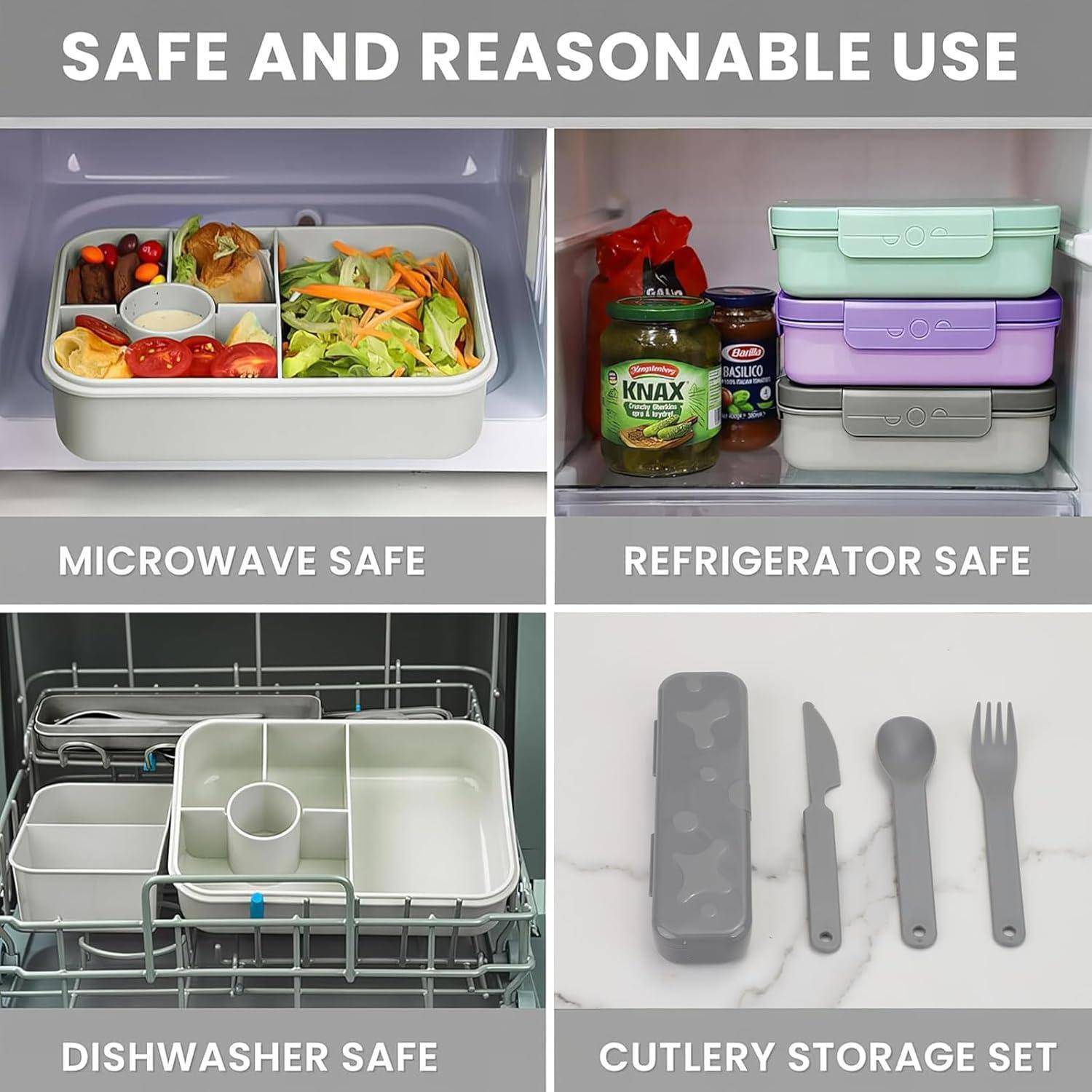 Sicherer und vernünftiger Gebrauch von Lunchboxen: mikrowellengeeignet mit Lebensmitteln, kühlschranktauglich mit gestapelten Behältern, geschirrspülmaschinenfest, Besteck-Aufbewahrungsset.