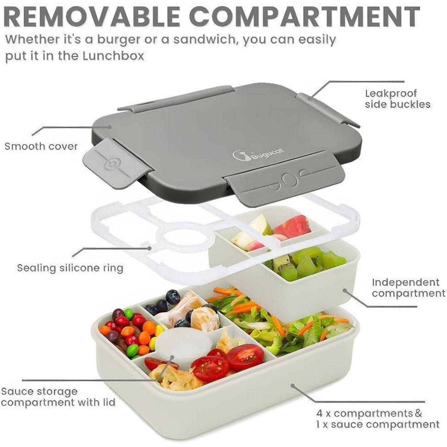 Lunchbox mit einem auslaufsicheren Deckel, der einen dichtenden Silikonring und seitliche Verschlussspangen besitzt. Enthält 4 Fächer und 1 Fach für Sauce.