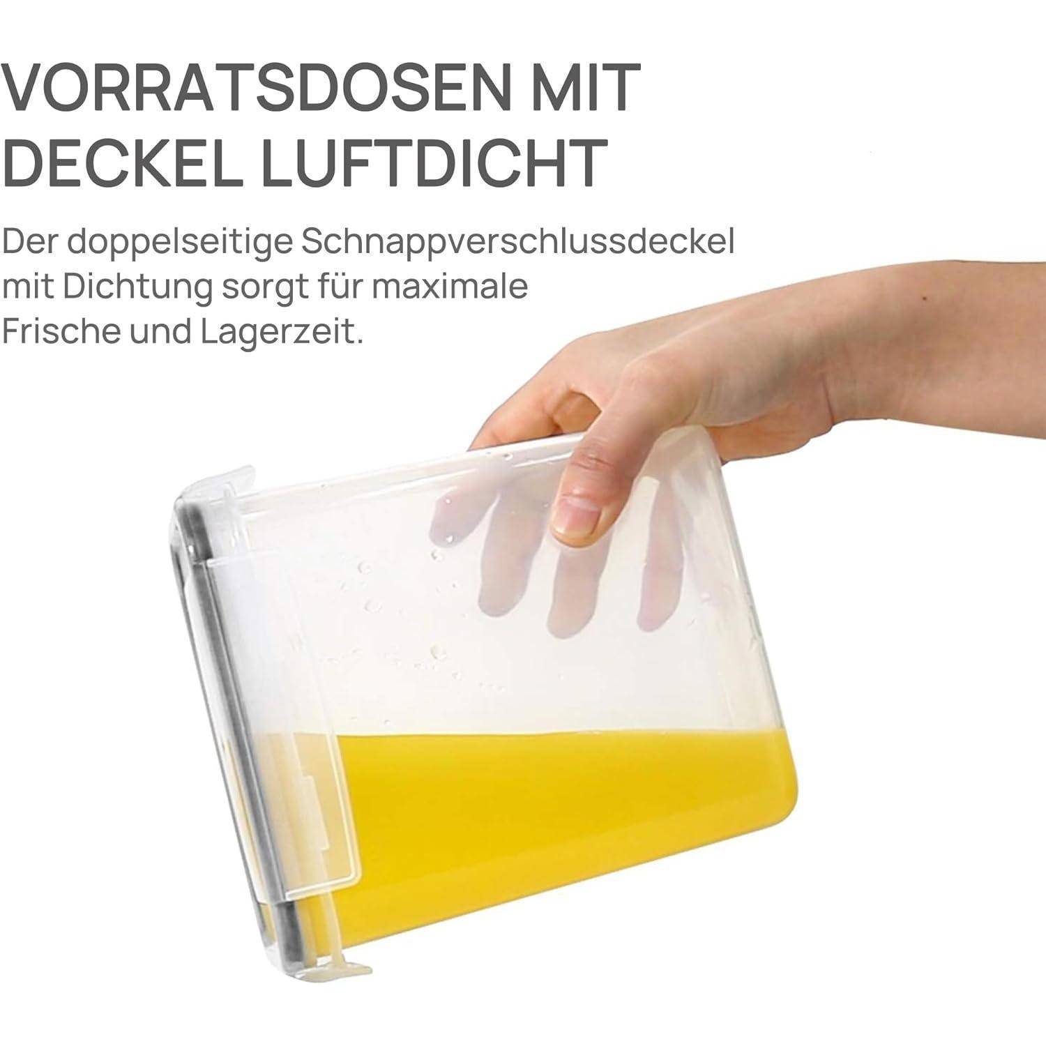 Eine Hand hält einen luftdichten Behälter mit einer gelben Flüssigkeit, ausgestattet mit einem beidseitigen Schnappdeckel für Frische und Lagerfähigkeit.