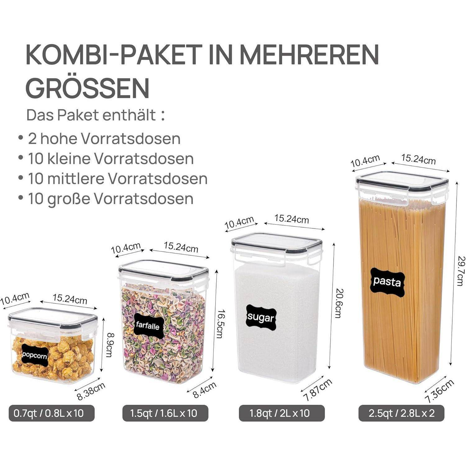 KOMBI-PAKET IN MEHREREN GRÖSSEN zeigt verschiedene Größen von Vorratsbehältern, beschriftet für Popcorn, Farfalle, Zucker und Pasta. Die Größen reichen von 0,7 bis 2,5 Quart.