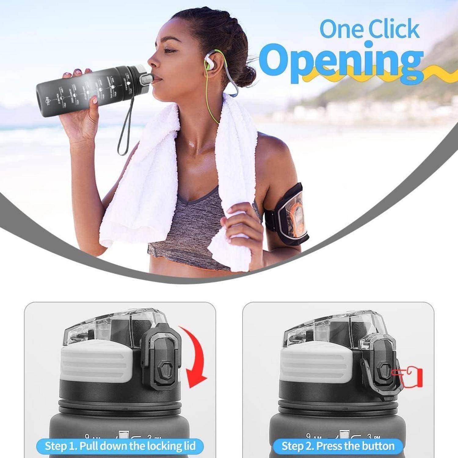 Eine Frau trinkt aus einer Wasserflasche am Strand und trägt Workout-Kleidung. Text lautet: 