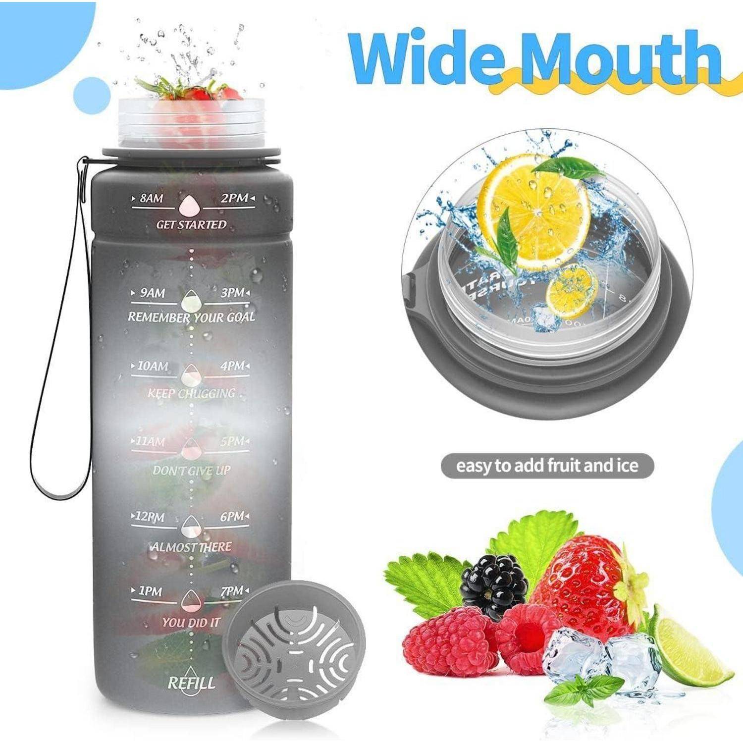 Wasserflasche mit Zeitmarkierungen von 8 Uhr morgens bis 8 Uhr abends, um das Trinken im Laufe des Tages zu fördern. Weite Öffnung ermöglicht das Hinzufügen von Obst und Eis.
