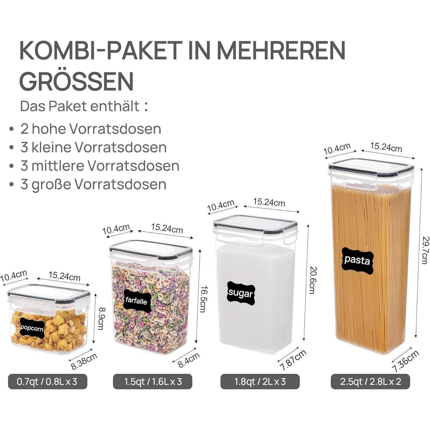 KOMBI-PAKET IN MEHREREN GRÖSSEN enthält Popcorn-, Farfalle-, Zucker- und Pasta-Aufbewahrungsbehälter. Die verschiedenen Größen sind in Litern gekennzeichnet.
