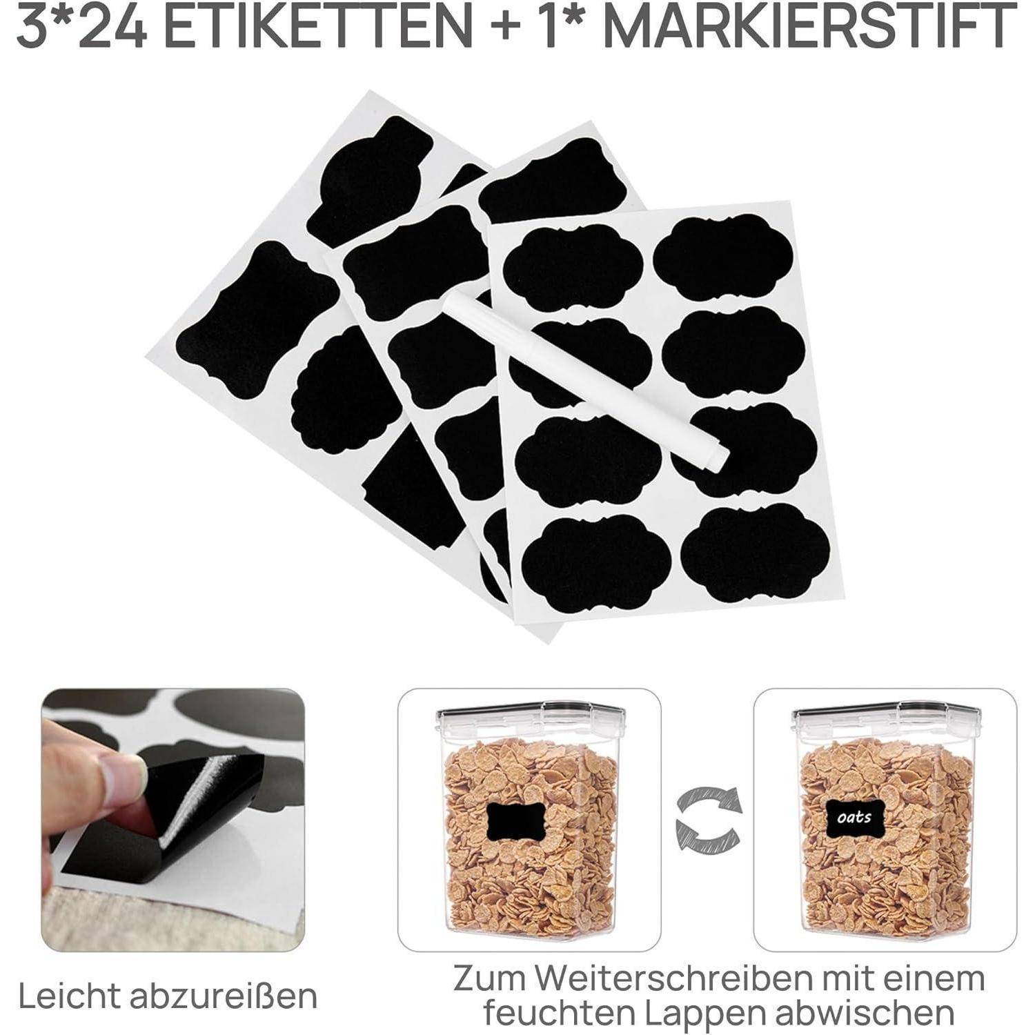 3x24 Etiketten + 1 Markierstift' dargestellt mit schwarzen Tafel-Etiketten und Markierstift. Demonstriert einfaches Entfernen und Neu-Beschriften von Behältern.
