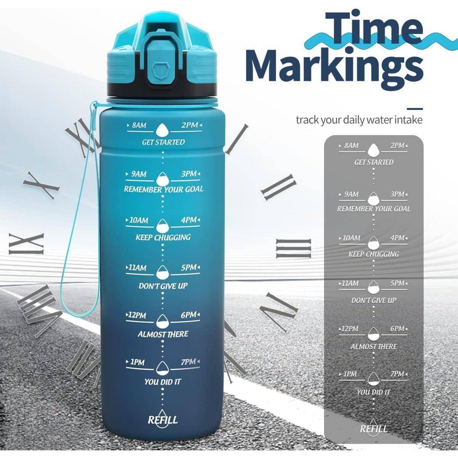 Eine Wasserflasche mit Zeitmarkierungen von 8 Uhr morgens bis 21 Uhr, die zur Hydration ermutigt und motivierende Sprüche wie ‚Weiter so' und ‚Fast geschafft' enthält.