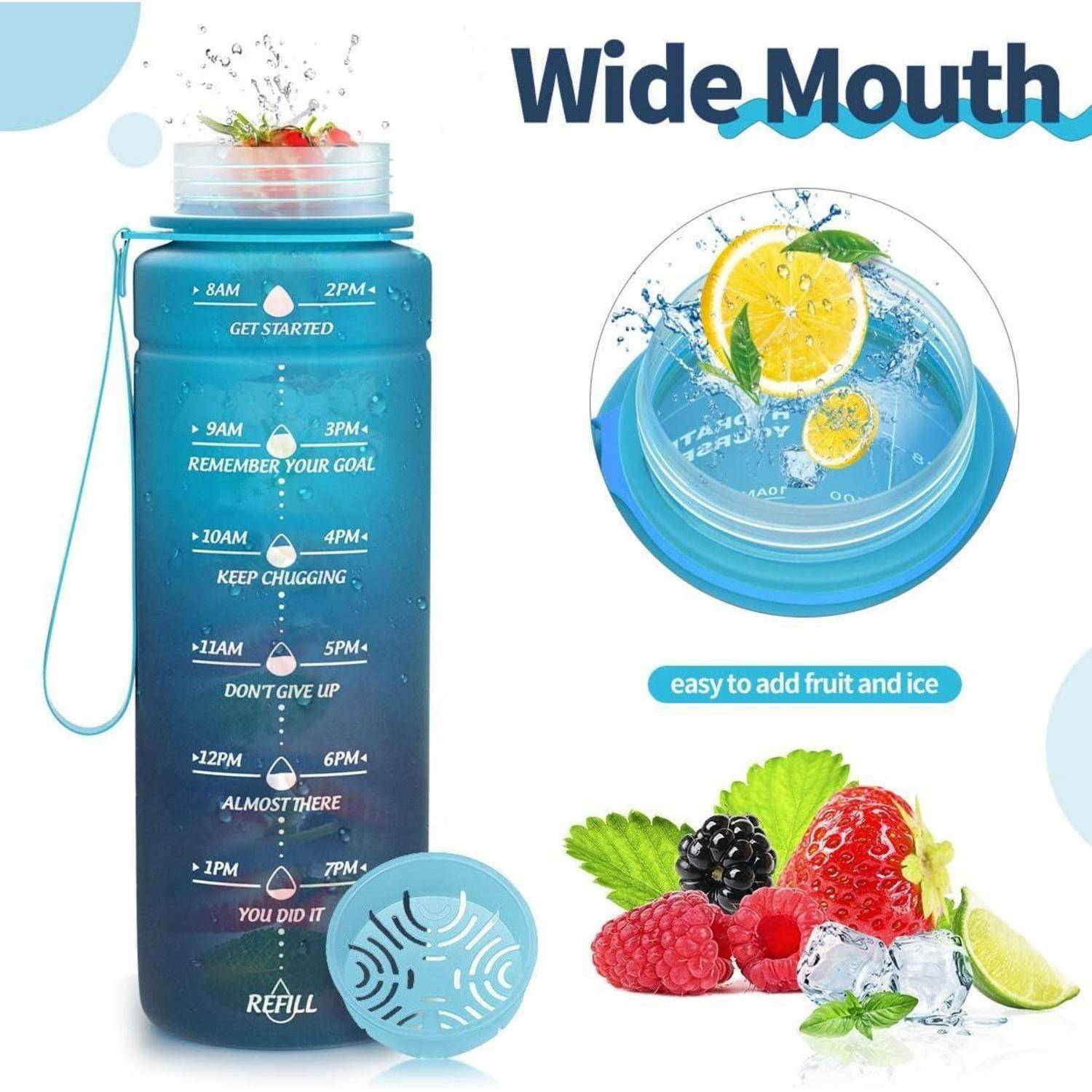 Wasserflasche mit zeitlich markierter Skala von 8 Uhr morgens bis 8 Uhr abends, mit Aufschrift 'Wide Mouth' und Fruchtinfuser-Funktion.