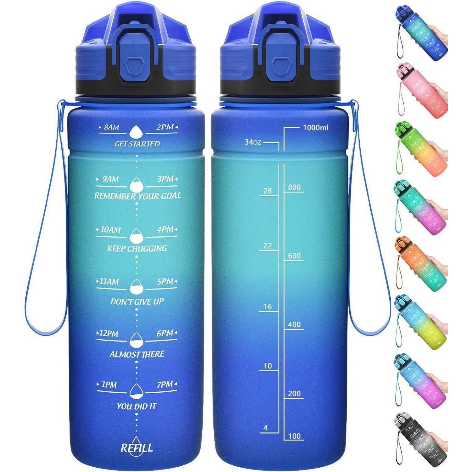 Blaue Farbverlauf-Wasserflasche mit Zeitmarkierungen von 8 Uhr morgens bis 19 Uhr, versehen mit motivierenden Phrasen. Auf der rechten Seite sind Volumenangaben in Unzen und Millilitern angezeigt.