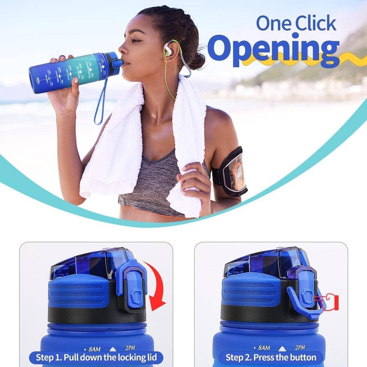 Eine Frau trinkt aus einer blauen Wasserflasche mit einem Handtuch um den Hals und Kopfhörern in den Ohren, am Strand. 'One Click Opening' Text darüber.