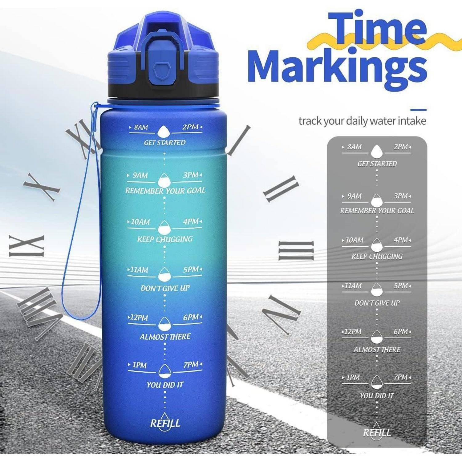 Eine blaue Wasserflasche mit Zeitmarkierungen in Zweistundenintervallen, die zur Hydration ermutigt und motivierende Phrasen enthält. Es ist zu lesen: „8 UHR FANG AN