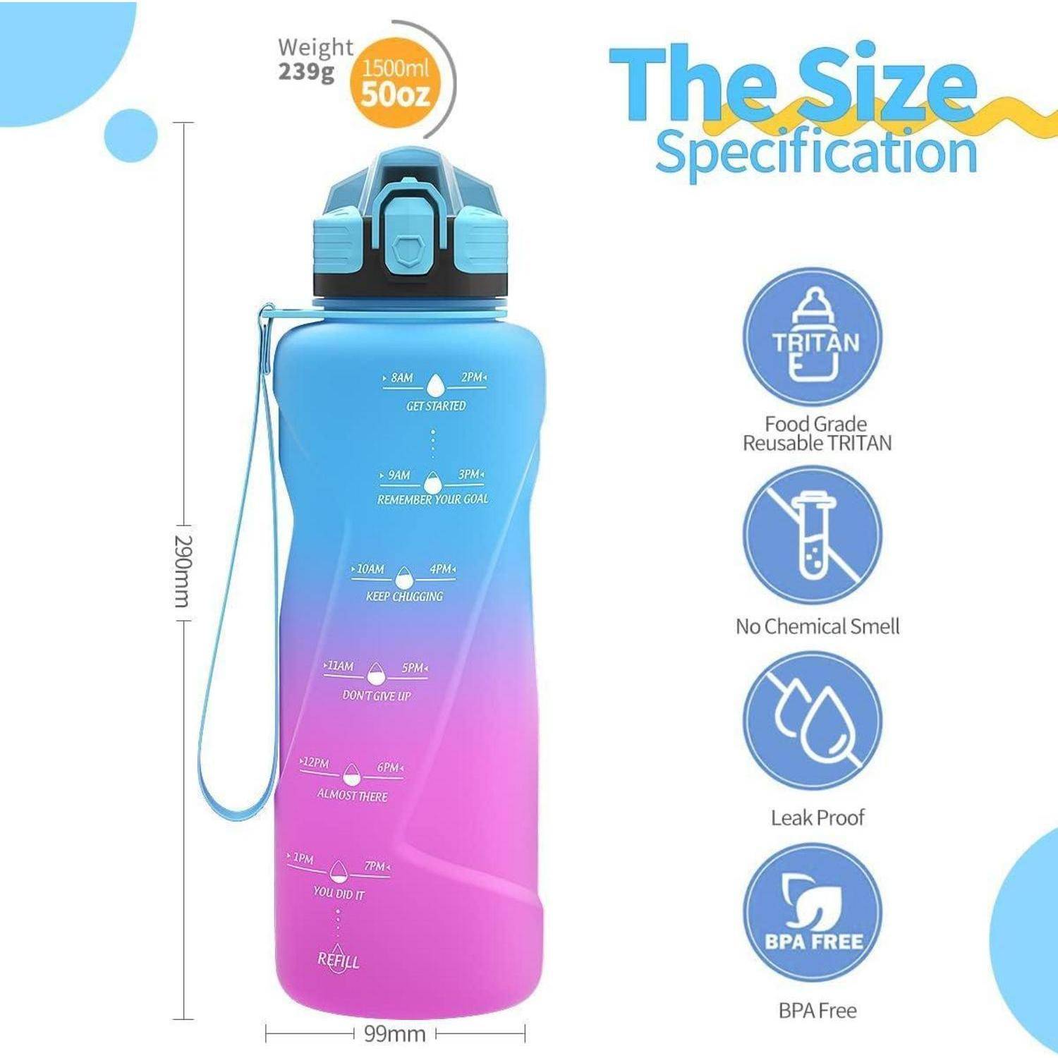 Bild einer Flasche mit Zeitmarkierungen, motivierenden Sprüchen und Eigenschaften: Tritan-Material, auslaufsicher, BPA-frei. Kapazität: 1500ml.