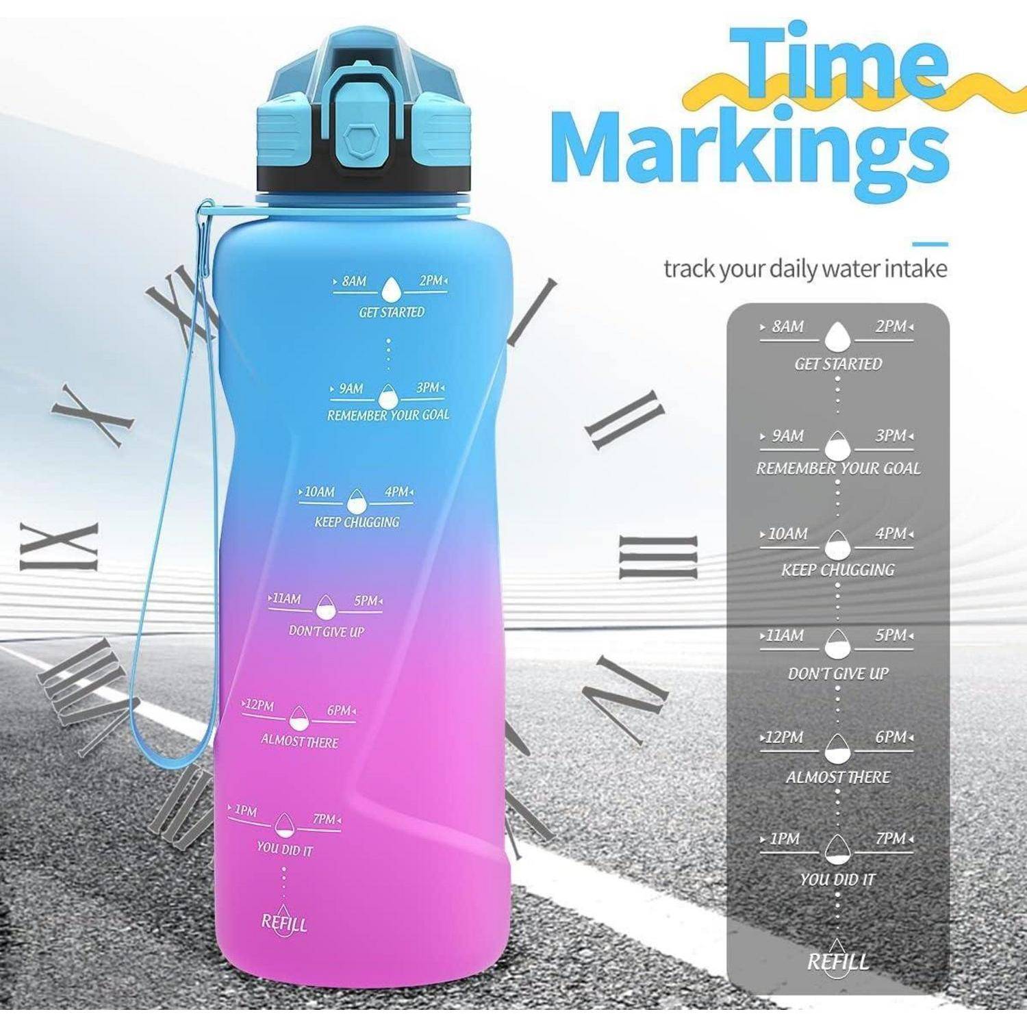 Eine Wasserflasche mit einem Farbverlauf von Blau zu Rosa, die Zeitmarkierungen von 8 Uhr morgens bis 9 Uhr abends zur Verfolgung der Wasseraufnahme aufweist, mit motivierenden Phrasen wie ‚Weiter so'.