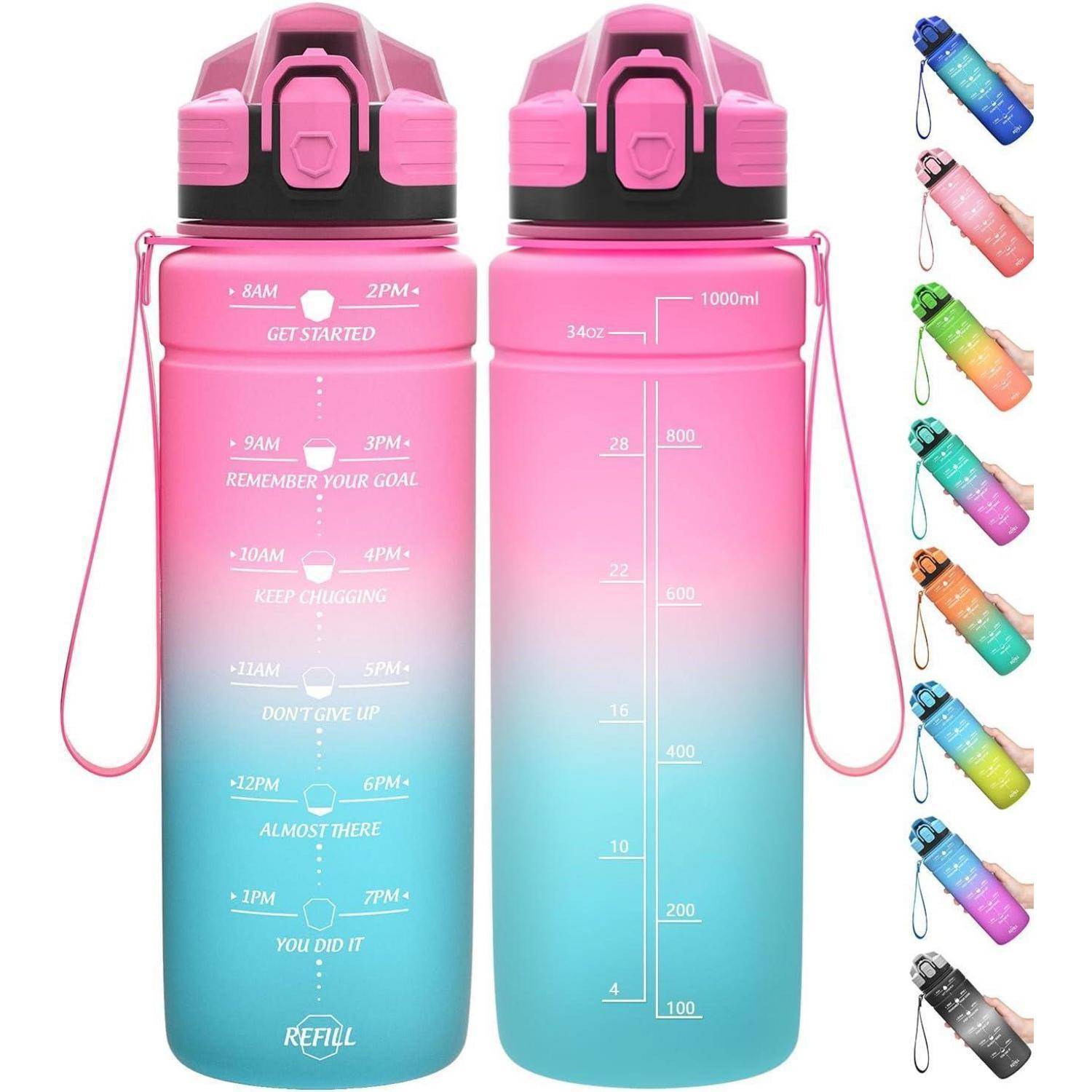 Zwei Wasserflaschen mit Farbverlauf in Rosa und Blau, versehen mit Zeitmarkierungen und motivierenden Phrasen wie ‚Fang an' und ‚Du hast es geschafft'. Eine kleinere Version zeigt die Farbvarietät.