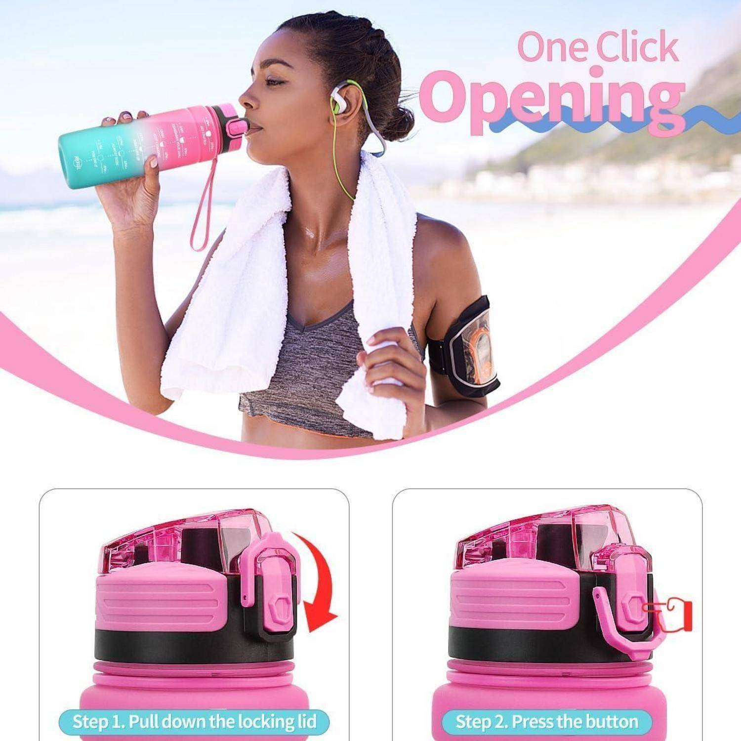 Eine Person trinkt aus einer rosa Wasserflasche mit einem Handtuch um den Hals. Text lautet: 