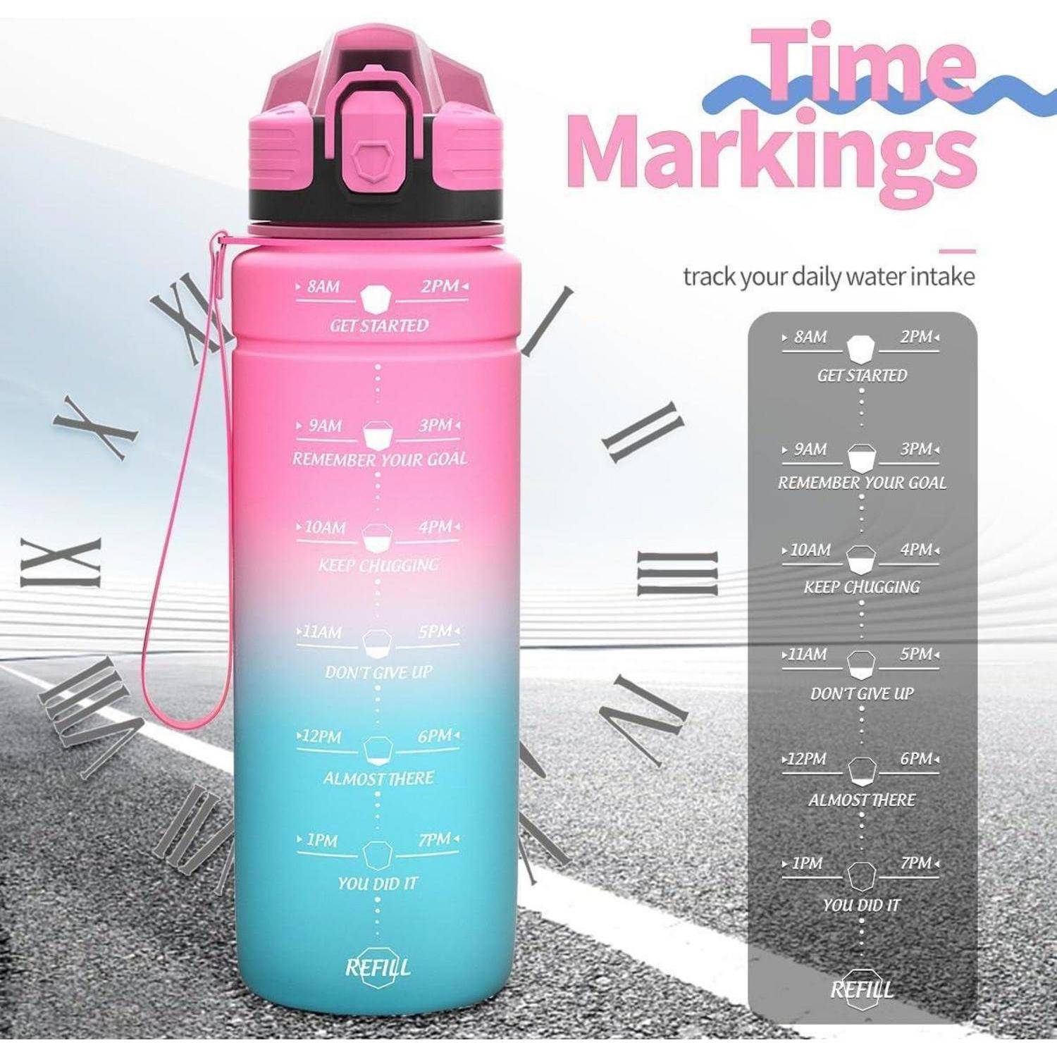 Bild einer rosa und blauen Farbverlauf-Wasserflasche mit motivierenden Zeitmarkierungen von 8 Uhr bis 19 Uhr. Text lautet: „Verfolge deine tägliche Wasseraufnahme.